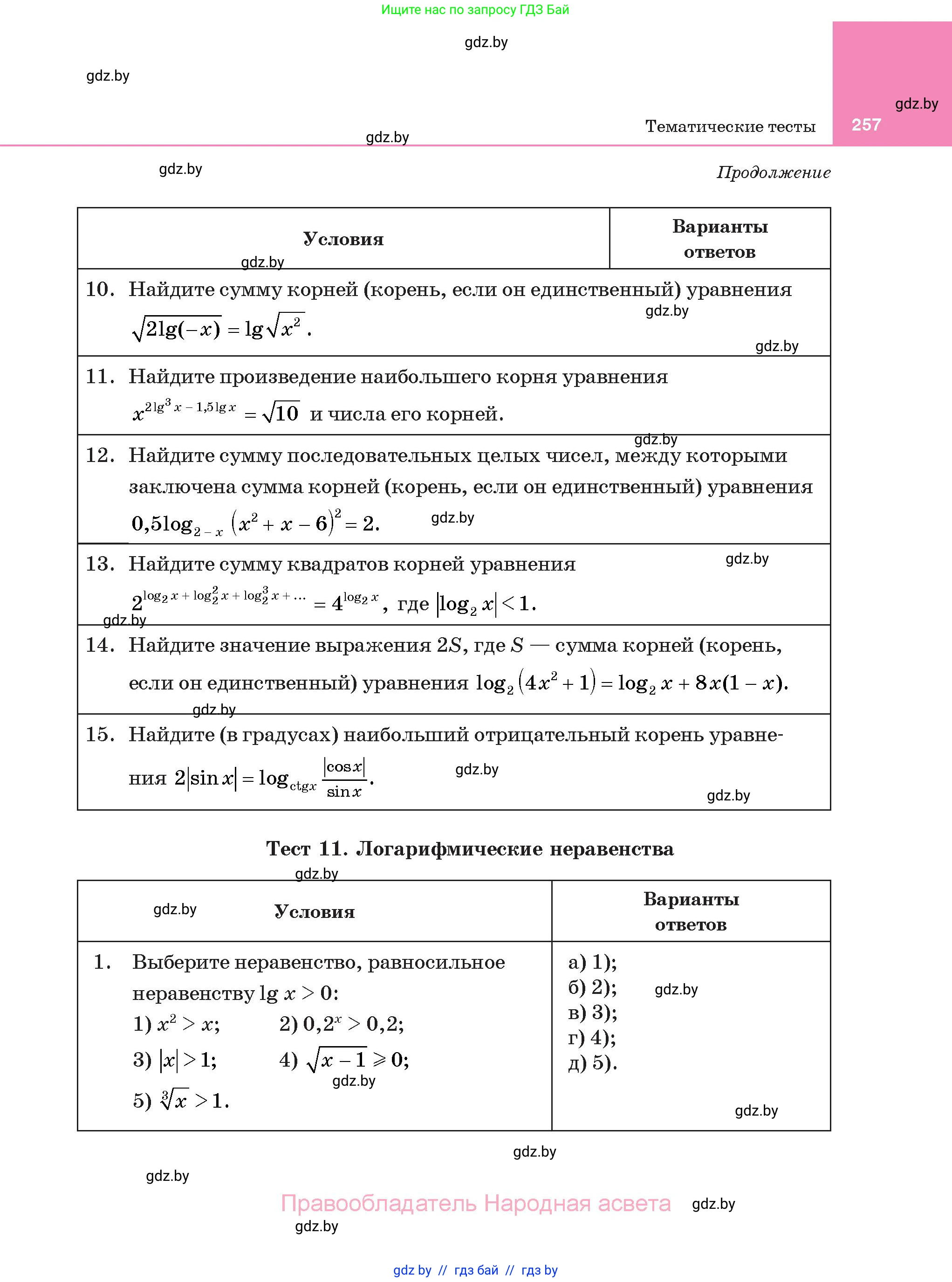 Алгебра, 11 класс Учебник, авторы: Арефьева Ирина Глебовна, Пирютко Ольга Николаевна, издательство Народная асвета, Минск, 2020, бирюзового цвета, страница 257