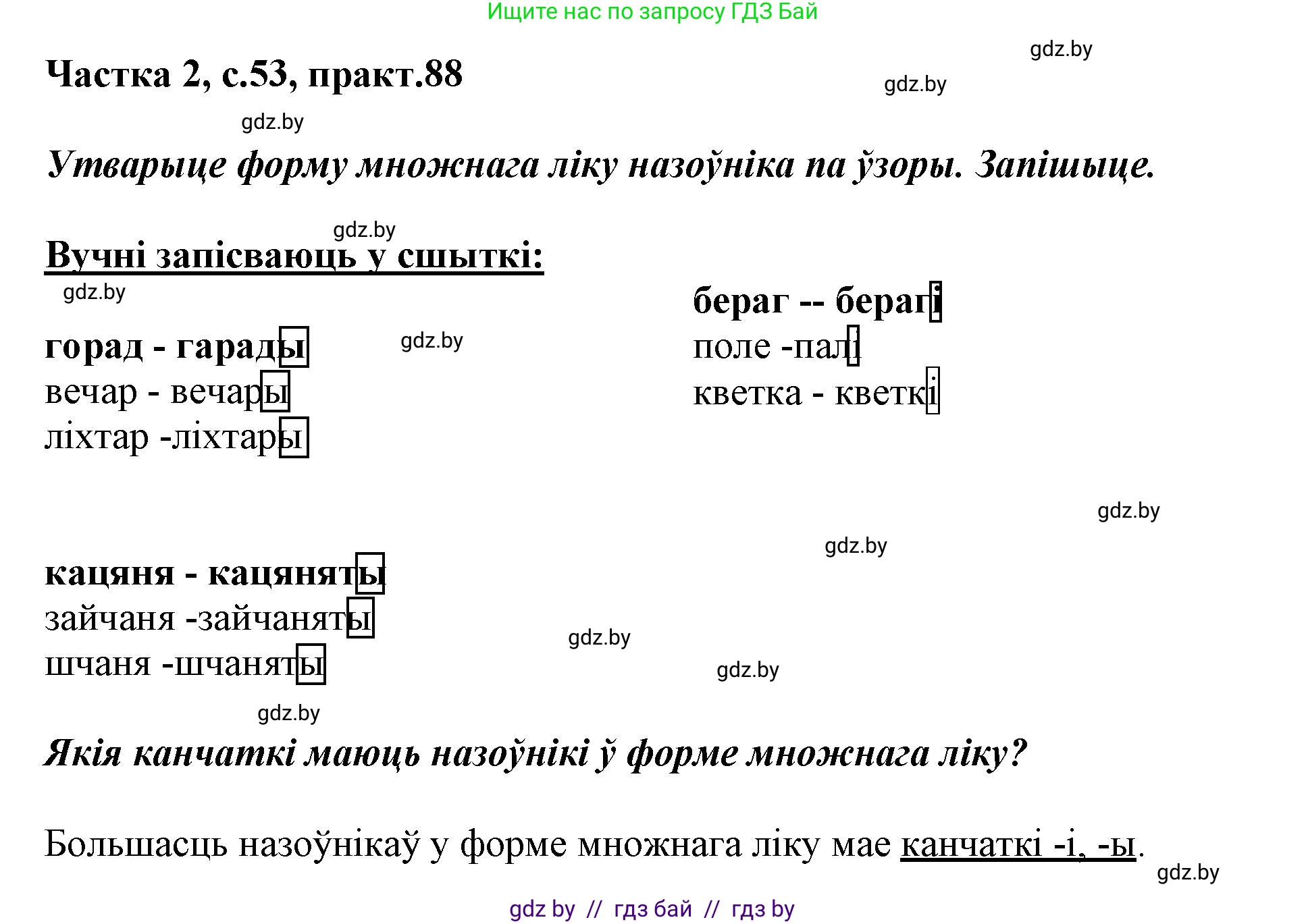 Белорусский язык (Беларуская мова), 3 класс Учебник, автор: Свірыдзенка Вольга Іванаўна, издательство Нацыянальны інстытут адукацыі, Минск, 2023, зелёного цвета, Частка 2, страница 53, номер 88, Решение