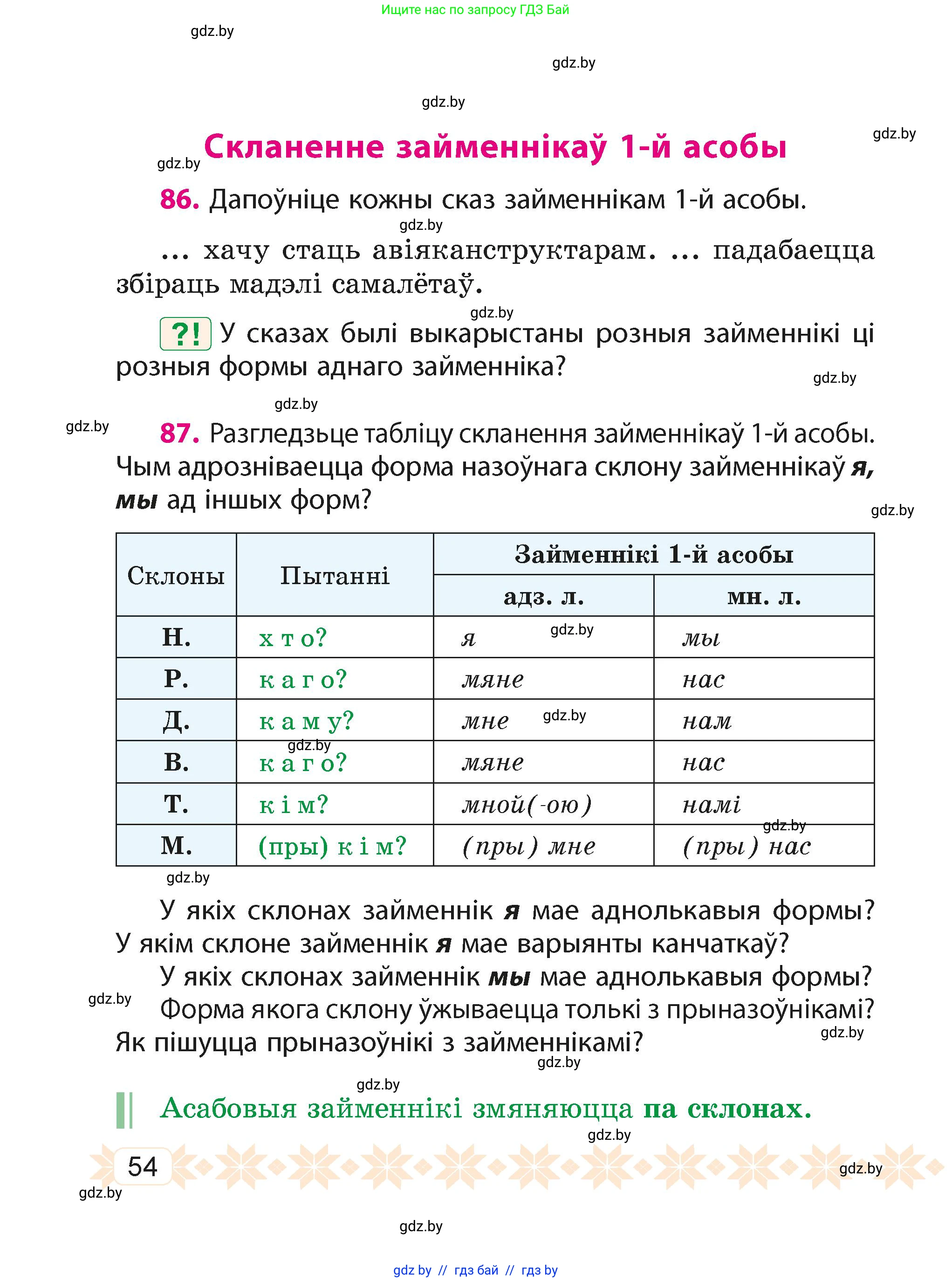 Белорусский язык (Беларуская мова), 4 класс Учебник, автор: Свірыдзенка Вольга Іванаўна, издательство Нацыянальны інстытут адукацыі, Минск, 2024, голубого цвета, Частка 1, страница 54