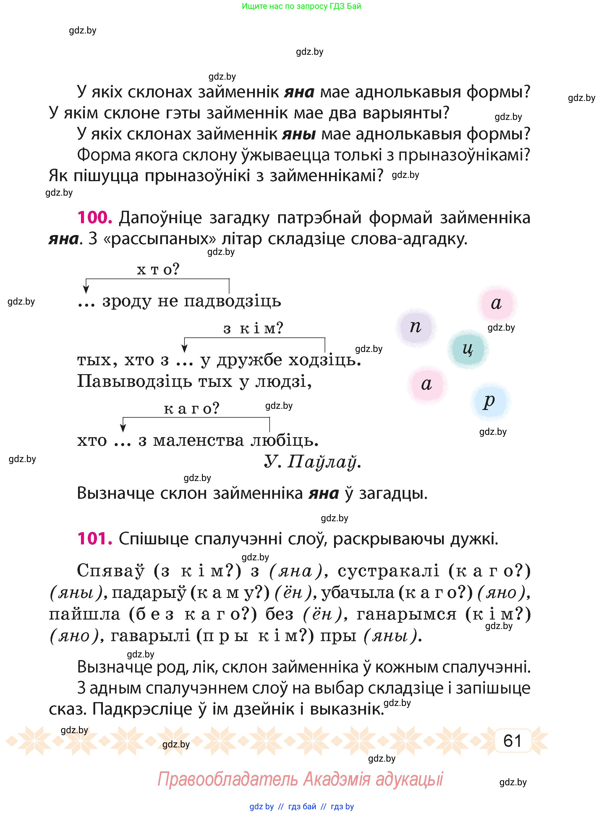 Белорусский язык (Беларуская мова), 4 класс Учебник, автор: Свірыдзенка Вольга Іванаўна, издательство Нацыянальны інстытут адукацыі, Минск, 2024, голубого цвета, Частка 1, страница 61