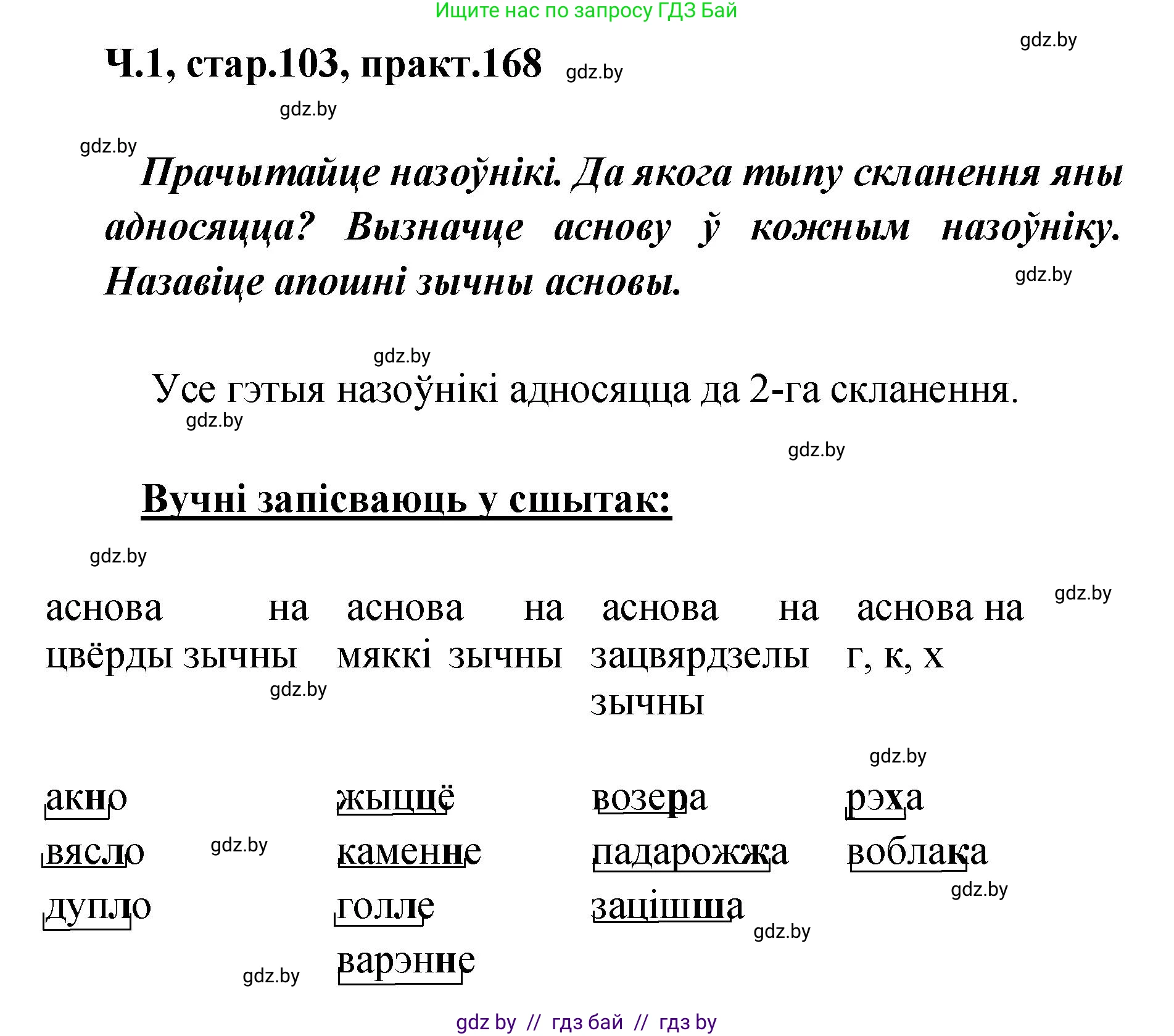 Белорусский язык (Беларуская мова), 4 класс Учебник, автор: Свірыдзенка Вольга Іванаўна, издательство Нацыянальны інстытут адукацыі, Минск, 2024, голубого цвета, Частка 1, страница 103, номер 168, Решение 2024