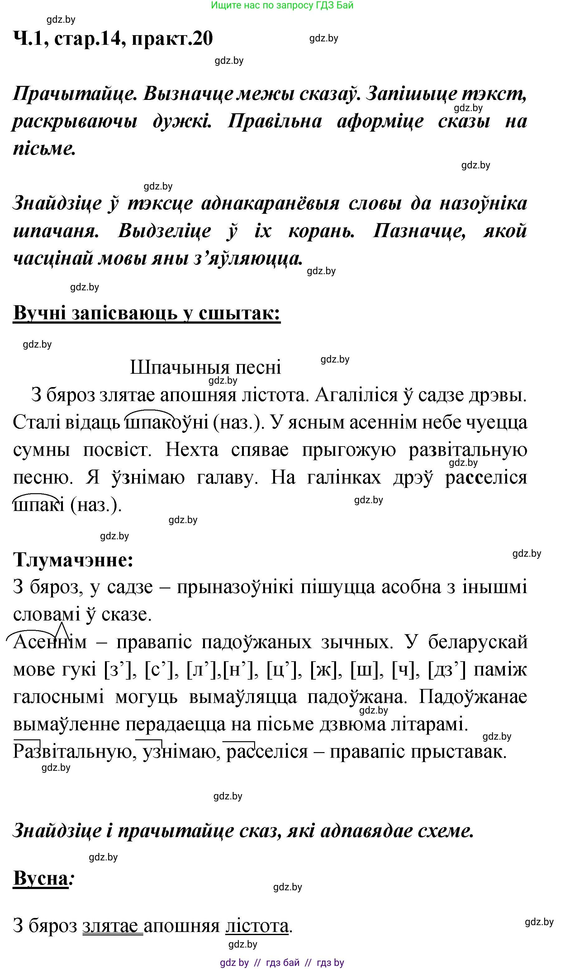 Белорусский язык (Беларуская мова), 4 класс Учебник, автор: Свірыдзенка Вольга Іванаўна, издательство Нацыянальны інстытут адукацыі, Минск, 2024, голубого цвета, Частка 1, страница 14, номер 20, Решение 2024