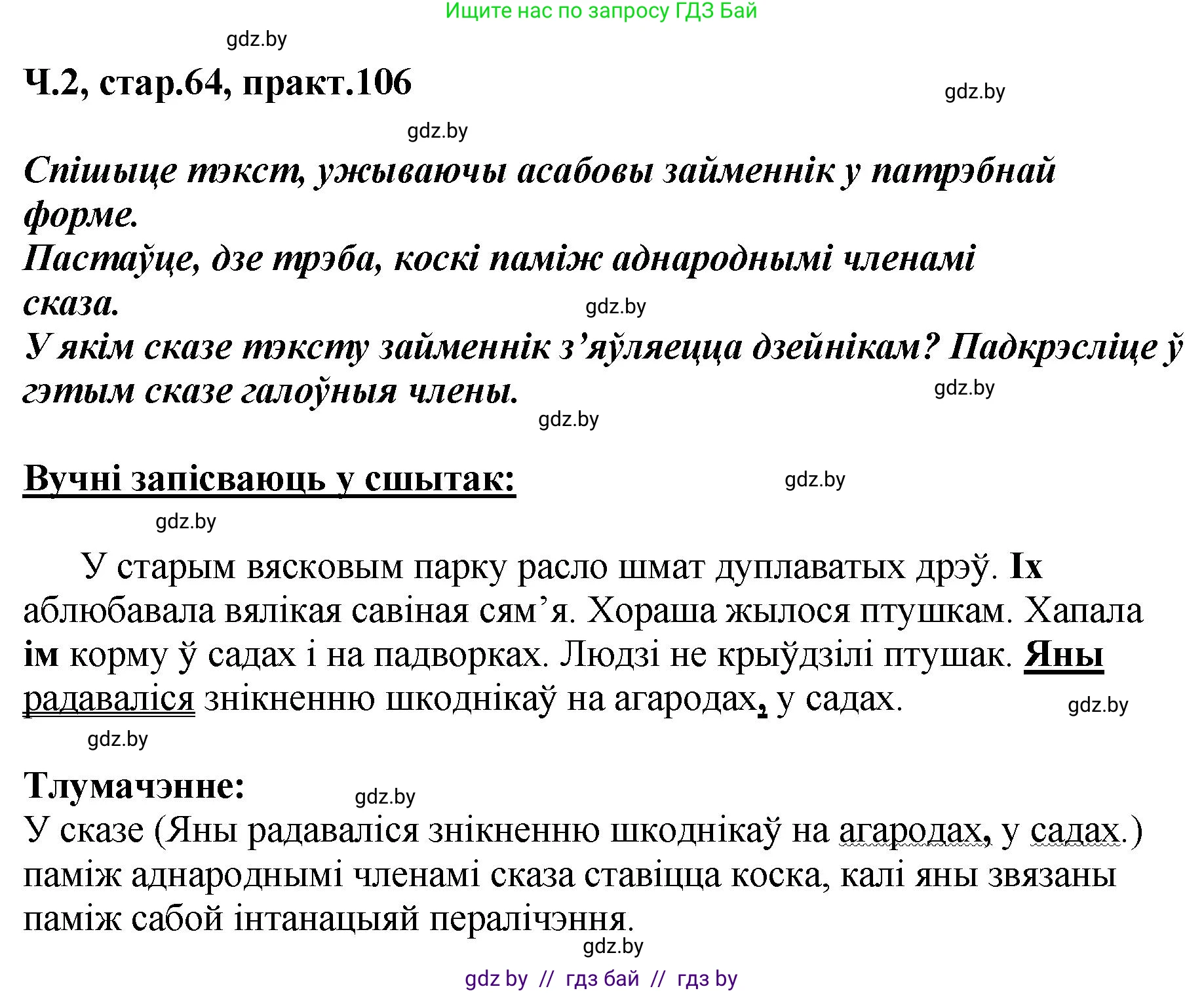 Белорусский язык (Беларуская мова), 4 класс Учебник, автор: Свірыдзенка Вольга Іванаўна, издательство Нацыянальны інстытут адукацыі, Минск, 2024, голубого цвета, Частка 2, страница 64, номер 106, Решение 2024
