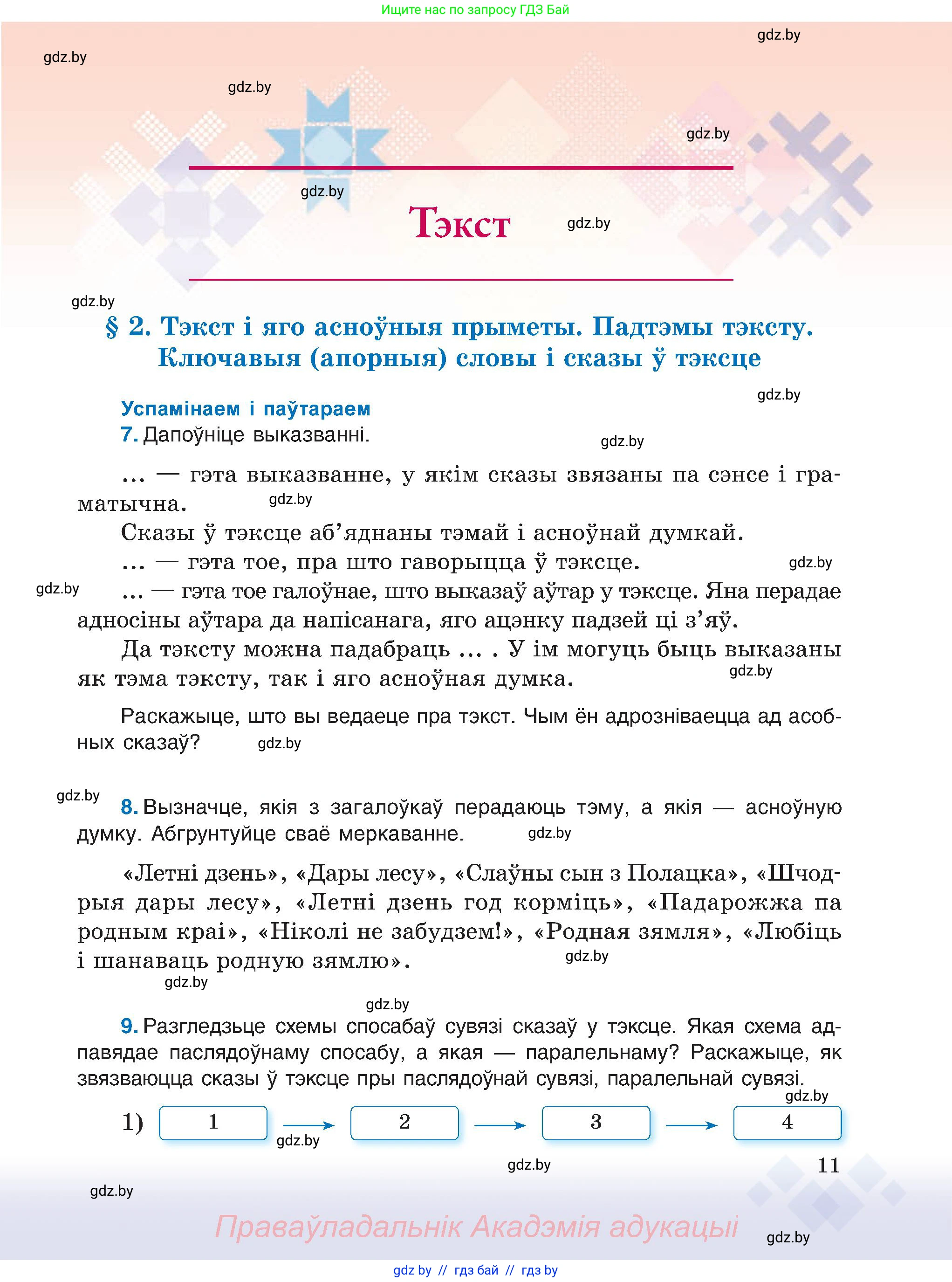 Белорусский язык (Беларуская мова), 6 класс Учебник, авторы: Валочка Ганна Міхайлаўна, Зелянко Вольга Уладзіміраўна, Мартынкевіч Святлана Васільеўна, Якуба Святлана Міхайлаўна, Бажкова Т І, издательство Акадэмія адукацыі, Минск, 2025, страница 11