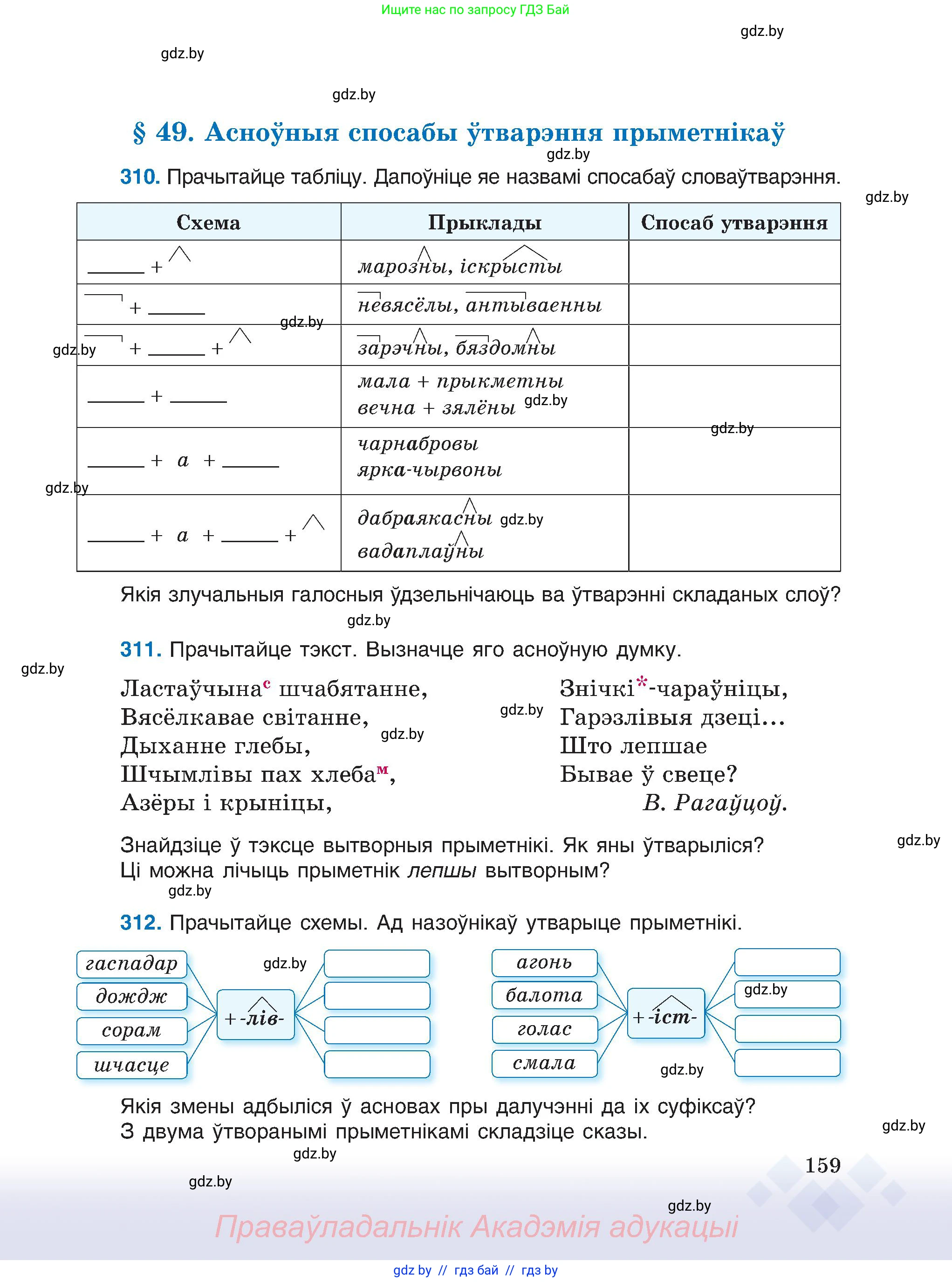 Белорусский язык (Беларуская мова), 6 класс Учебник, авторы: Валочка Ганна Міхайлаўна, Зелянко Вольга Уладзіміраўна, Мартынкевіч Святлана Васільеўна, Якуба Святлана Міхайлаўна, Бажкова Т І, издательство Акадэмія адукацыі, Минск, 2025, страница 159