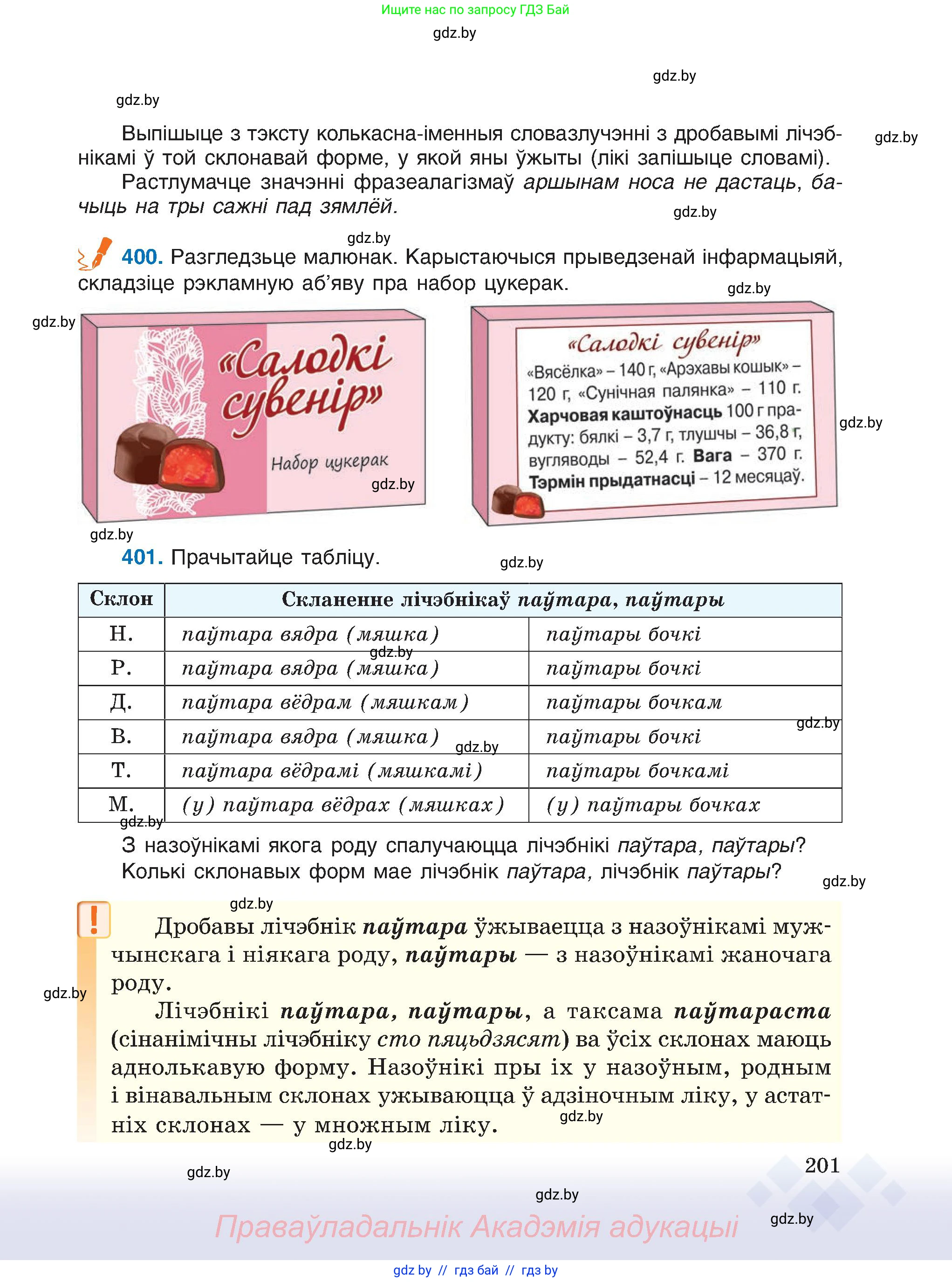 Белорусский язык (Беларуская мова), 6 класс Учебник, авторы: Валочка Ганна Міхайлаўна, Зелянко Вольга Уладзіміраўна, Мартынкевіч Святлана Васільеўна, Якуба Святлана Міхайлаўна, Бажкова Т І, издательство Акадэмія адукацыі, Минск, 2025, страница 201