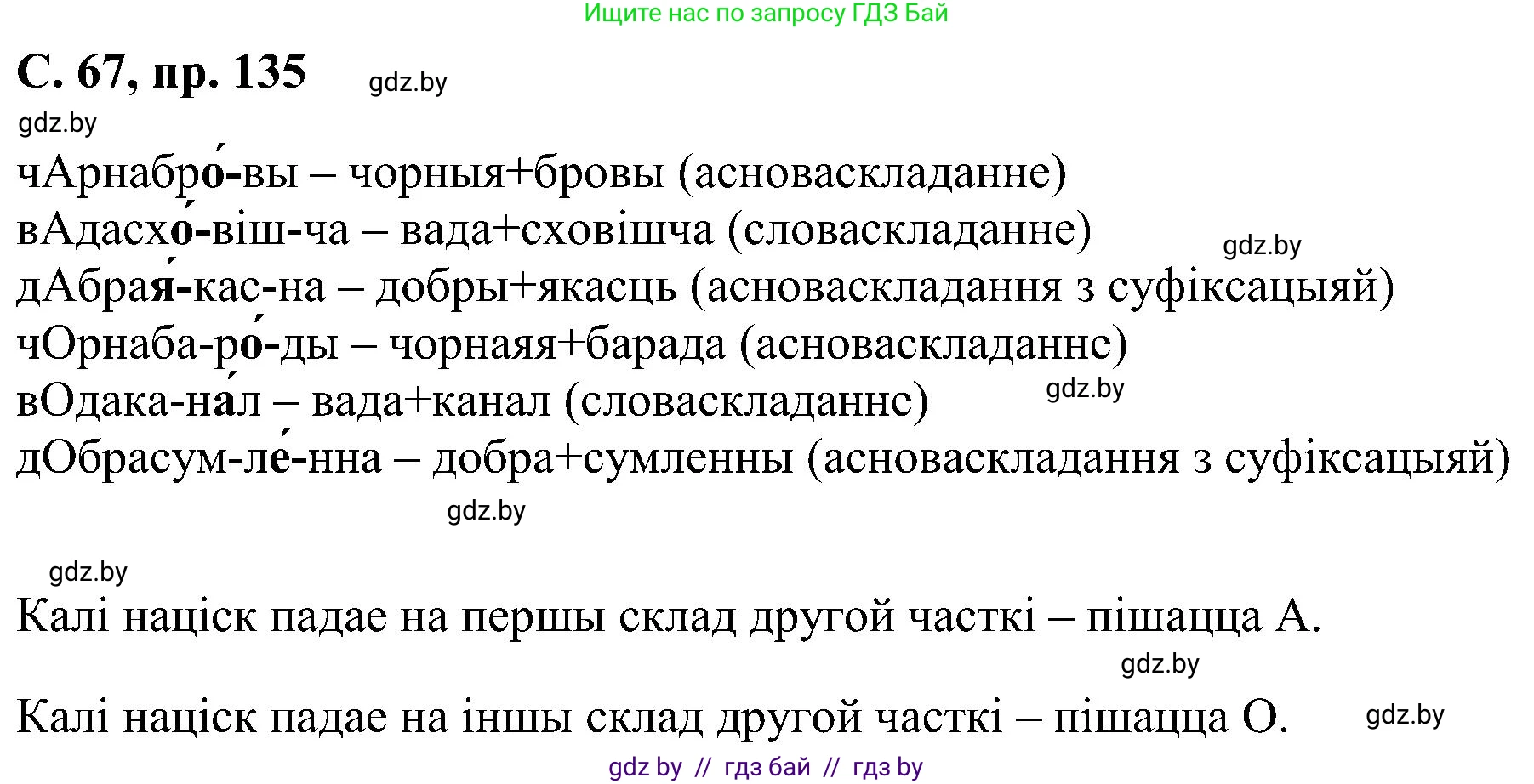 Белорусский язык (Беларуская мова), 6 класс Учебник, авторы: Валочка Ганна Міхайлаўна, Зелянко Вольга Уладзіміраўна, Мартынкевіч Святлана Васільеўна, Якуба Святлана Міхайлаўна, Бажкова Т І, издательство Акадэмія адукацыі, Минск, 2025, страница 67, номер 135, Решение