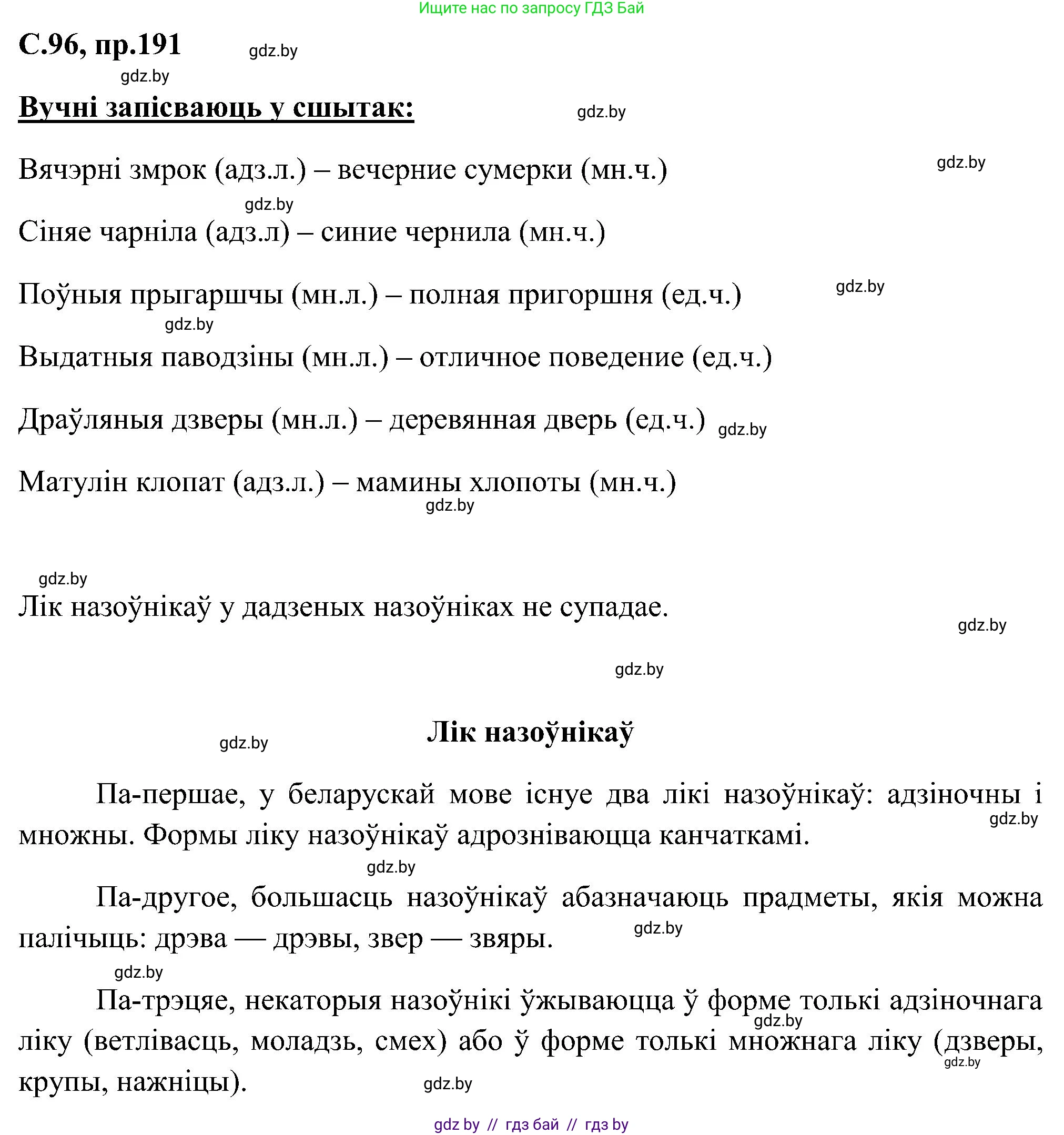 Белорусский язык (Беларуская мова), 6 класс Учебник, авторы: Валочка Ганна Міхайлаўна, Зелянко Вольга Уладзіміраўна, Мартынкевіч Святлана Васільеўна, Якуба Святлана Міхайлаўна, Бажкова Т І, издательство Акадэмія адукацыі, Минск, 2025, страница 96, номер 191, Решение