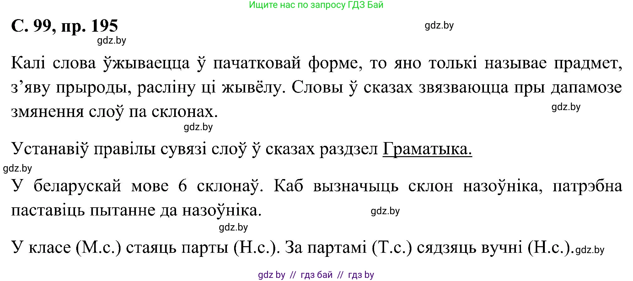 Белорусский язык (Беларуская мова), 6 класс Учебник, авторы: Валочка Ганна Міхайлаўна, Зелянко Вольга Уладзіміраўна, Мартынкевіч Святлана Васільеўна, Якуба Святлана Міхайлаўна, Бажкова Т І, издательство Акадэмія адукацыі, Минск, 2025, страница 99, номер 195, Решение