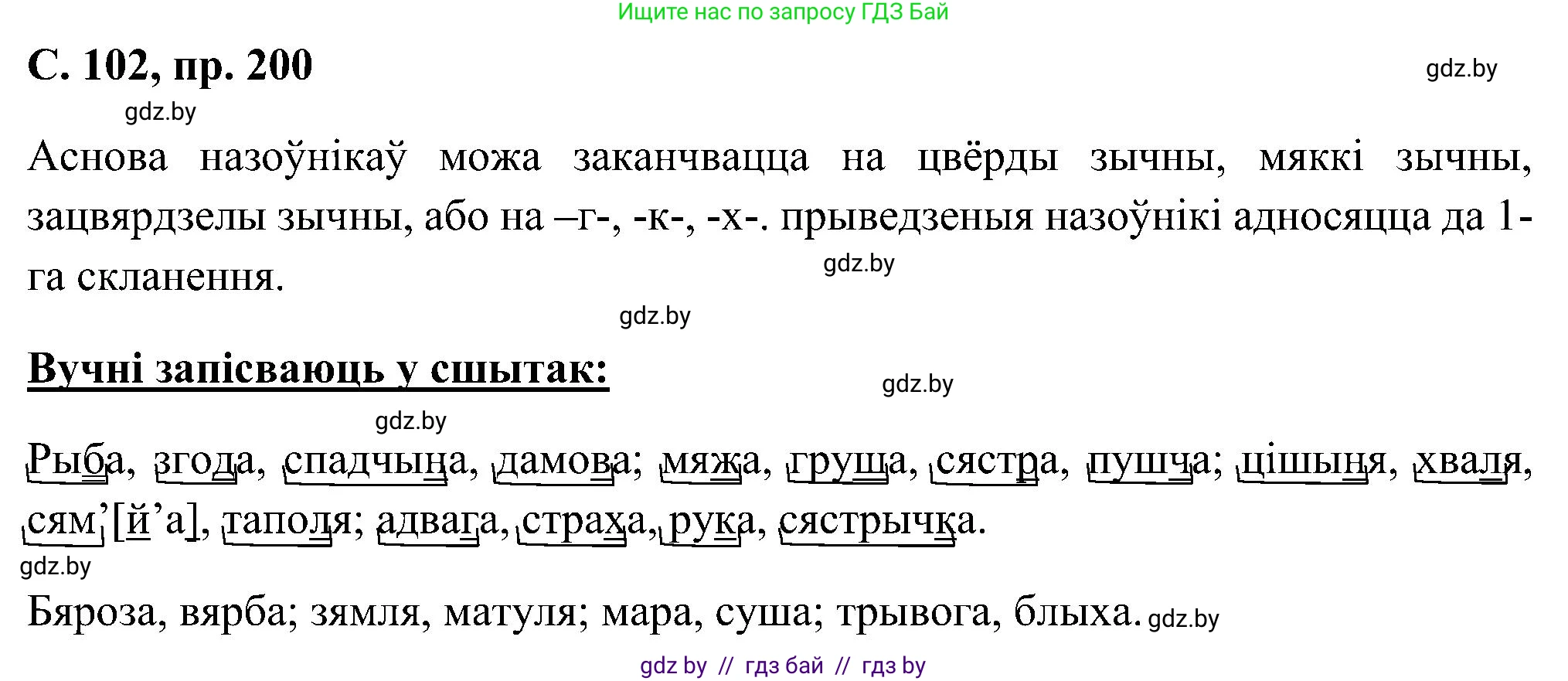 Белорусский язык (Беларуская мова), 6 класс Учебник, авторы: Валочка Ганна Міхайлаўна, Зелянко Вольга Уладзіміраўна, Мартынкевіч Святлана Васільеўна, Якуба Святлана Міхайлаўна, Бажкова Т І, издательство Акадэмія адукацыі, Минск, 2025, страница 102, номер 200, Решение
