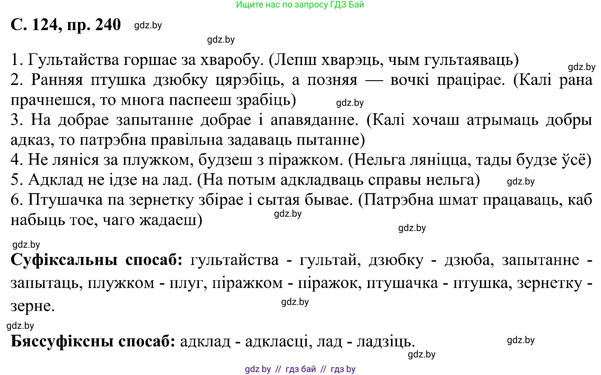 Белорусский язык (Беларуская мова), 6 класс Учебник, авторы: Валочка Ганна Міхайлаўна, Зелянко Вольга Уладзіміраўна, Мартынкевіч Святлана Васільеўна, Якуба Святлана Міхайлаўна, Бажкова Т І, издательство Акадэмія адукацыі, Минск, 2025, страница 124, номер 240, Решение