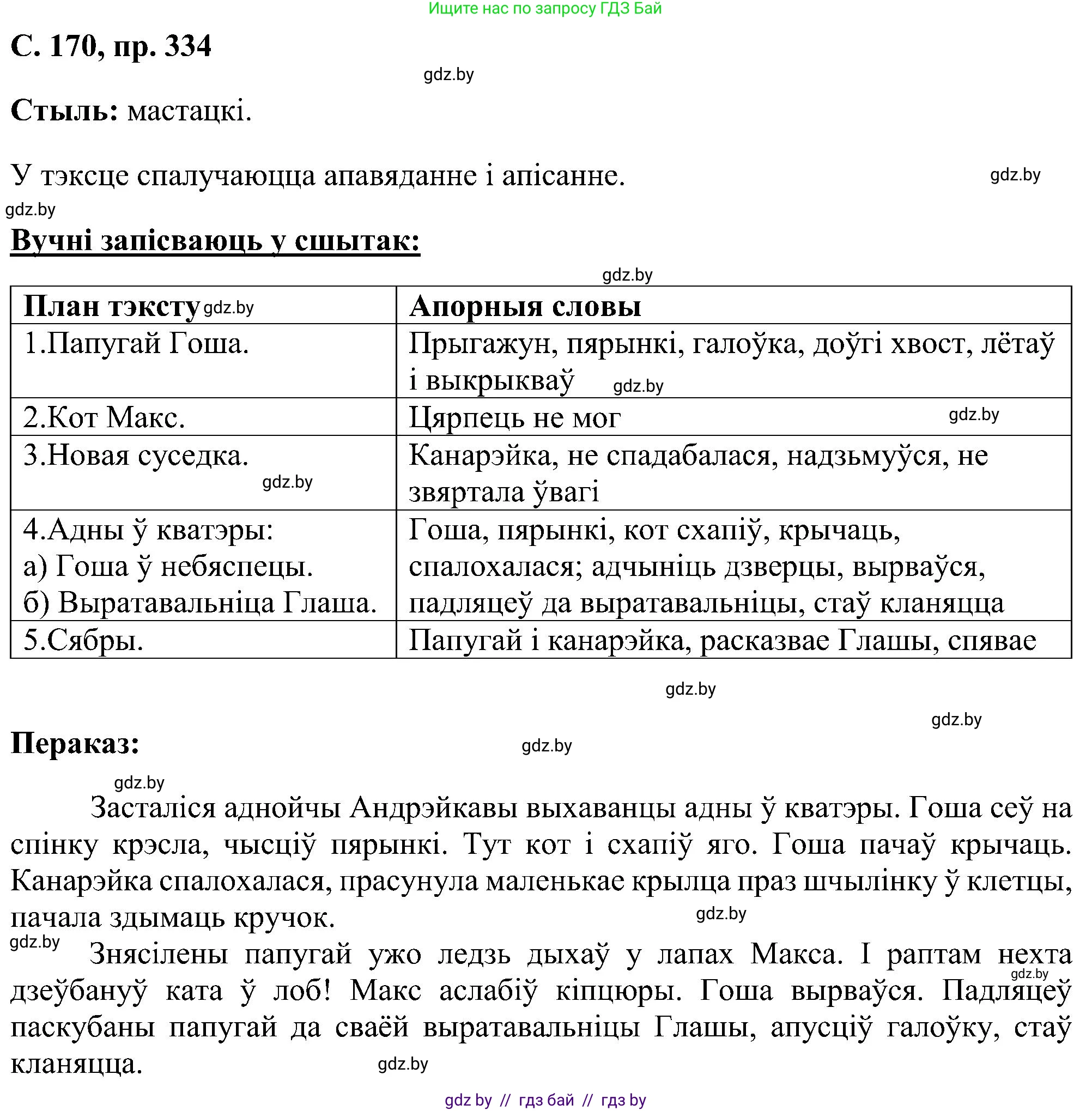 Белорусский язык (Беларуская мова), 6 класс Учебник, авторы: Валочка Ганна Міхайлаўна, Зелянко Вольга Уладзіміраўна, Мартынкевіч Святлана Васільеўна, Якуба Святлана Міхайлаўна, Бажкова Т І, издательство Акадэмія адукацыі, Минск, 2025, страница 170, номер 334, Решение
