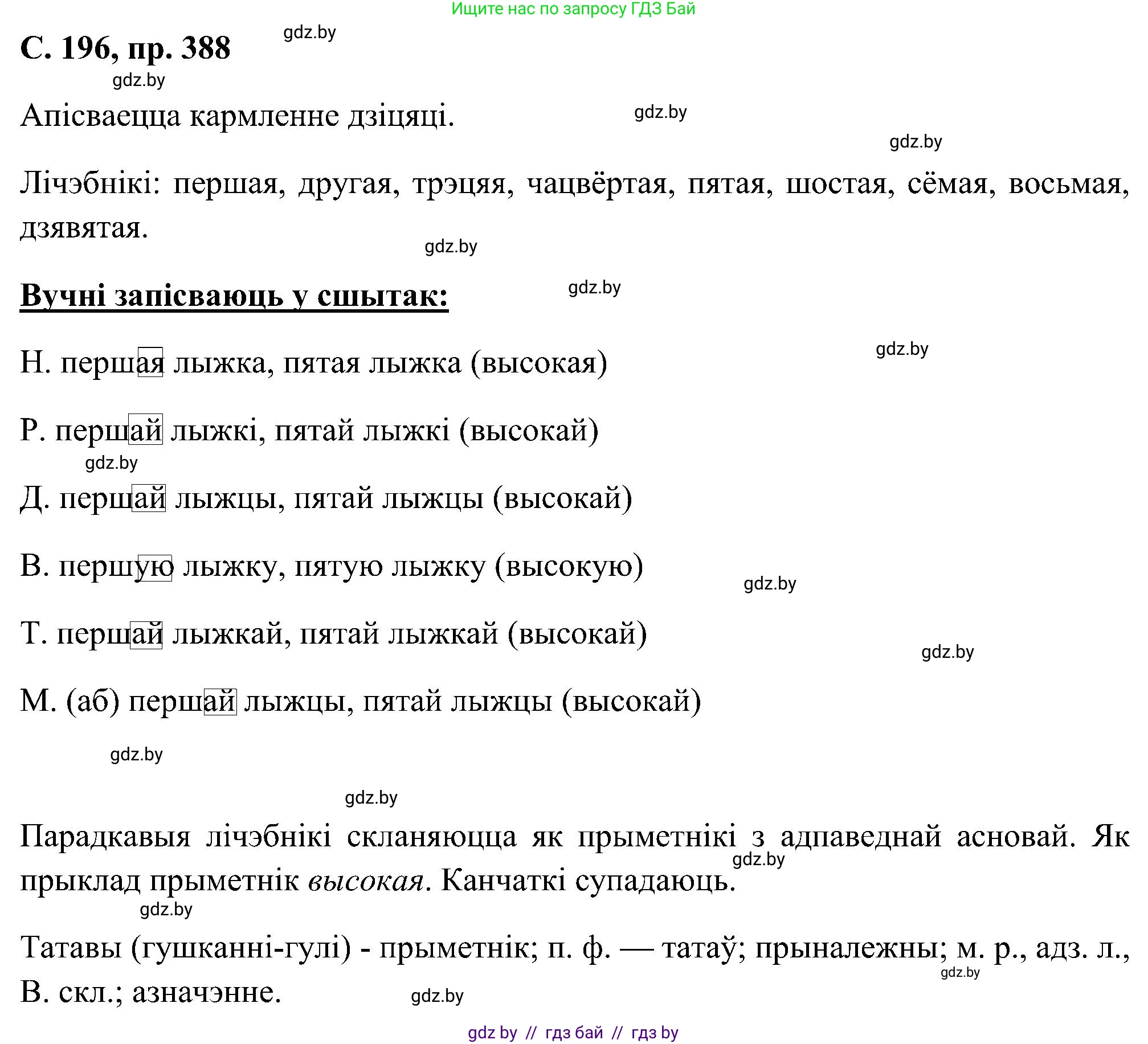 Белорусский язык (Беларуская мова), 6 класс Учебник, авторы: Валочка Ганна Міхайлаўна, Зелянко Вольга Уладзіміраўна, Мартынкевіч Святлана Васільеўна, Якуба Святлана Міхайлаўна, Бажкова Т І, издательство Акадэмія адукацыі, Минск, 2025, страница 196, номер 388, Решение