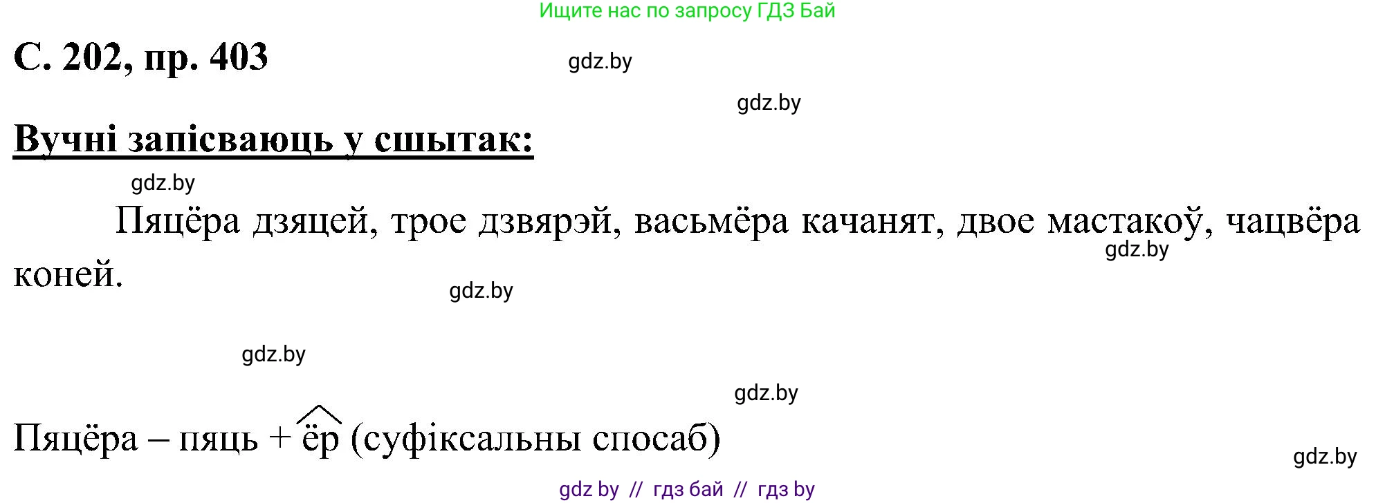 Белорусский язык (Беларуская мова), 6 класс Учебник, авторы: Валочка Ганна Міхайлаўна, Зелянко Вольга Уладзіміраўна, Мартынкевіч Святлана Васільеўна, Якуба Святлана Міхайлаўна, Бажкова Т І, издательство Акадэмія адукацыі, Минск, 2025, страница 202, номер 403, Решение