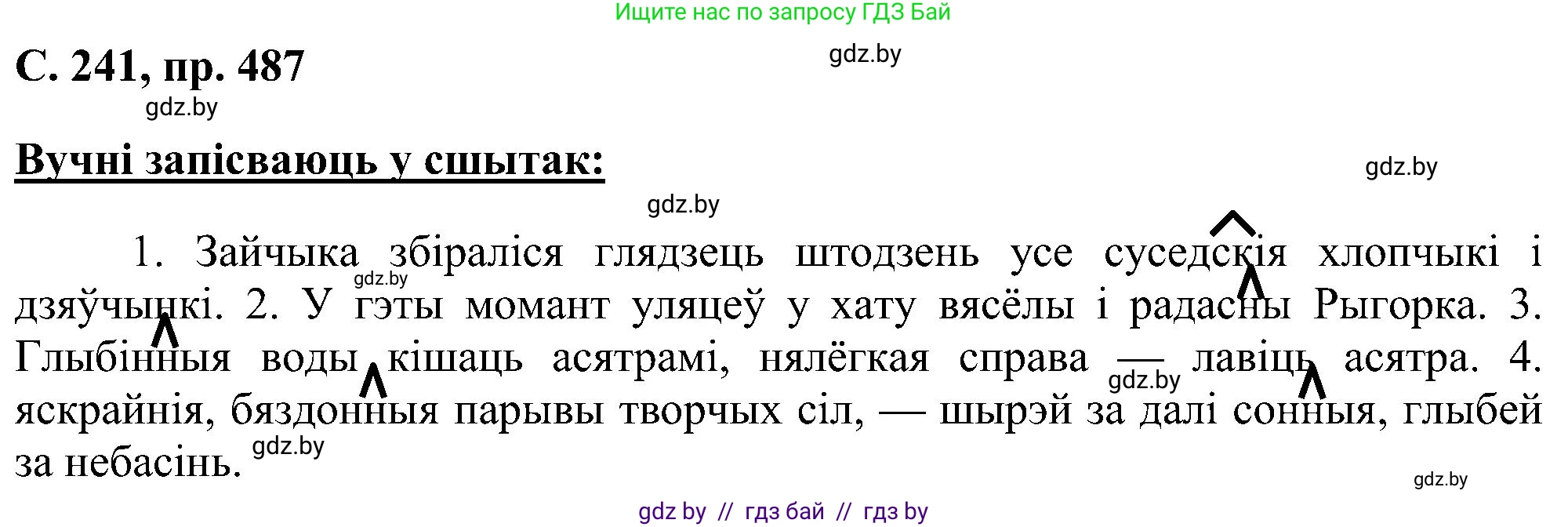 Белорусский язык (Беларуская мова), 6 класс Учебник, авторы: Валочка Ганна Міхайлаўна, Зелянко Вольга Уладзіміраўна, Мартынкевіч Святлана Васільеўна, Якуба Святлана Міхайлаўна, Бажкова Т І, издательство Акадэмія адукацыі, Минск, 2025, страница 241, номер 487, Решение