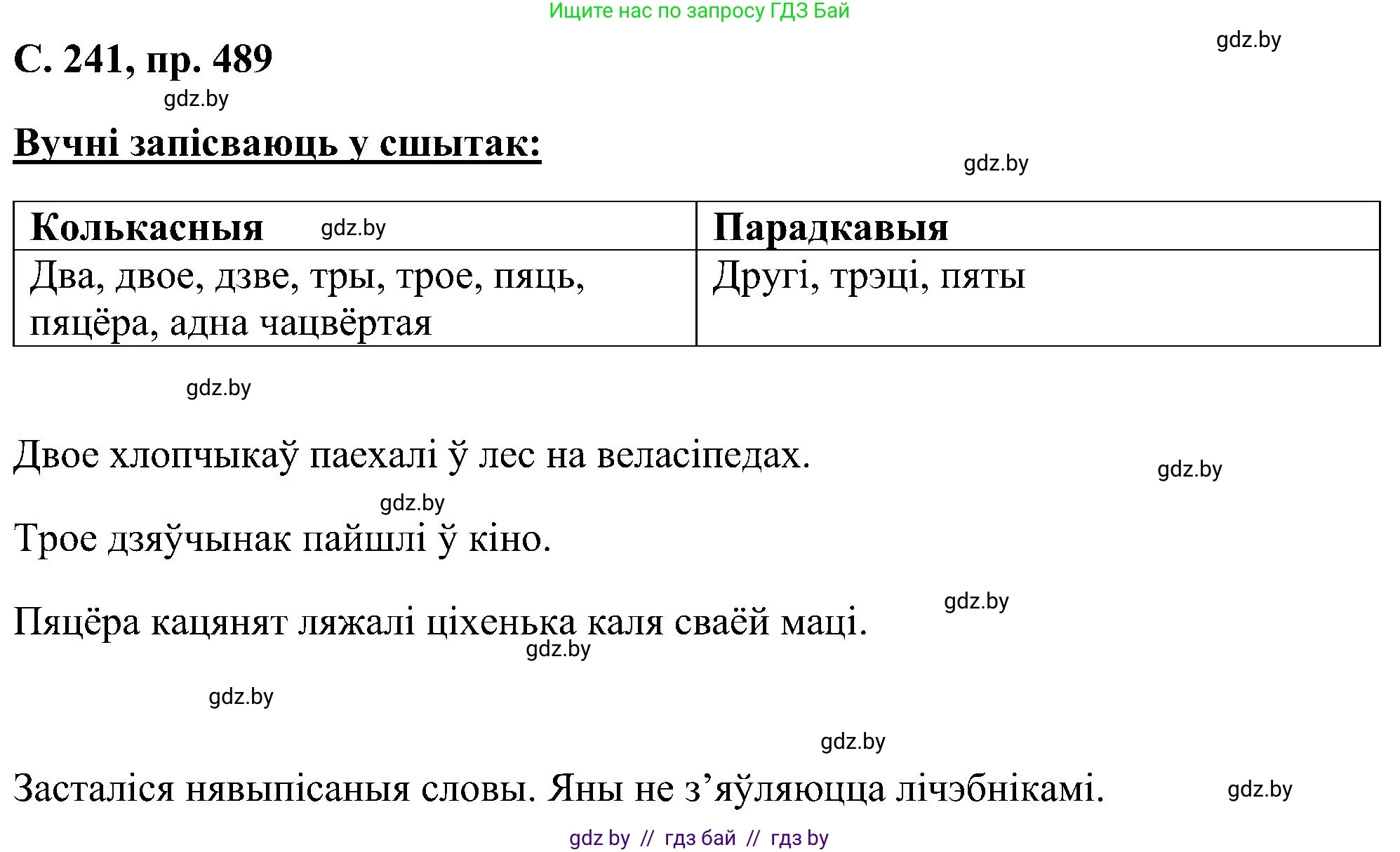 Белорусский язык (Беларуская мова), 6 класс Учебник, авторы: Валочка Ганна Міхайлаўна, Зелянко Вольга Уладзіміраўна, Мартынкевіч Святлана Васільеўна, Якуба Святлана Міхайлаўна, Бажкова Т І, издательство Акадэмія адукацыі, Минск, 2025, страница 241, номер 489, Решение