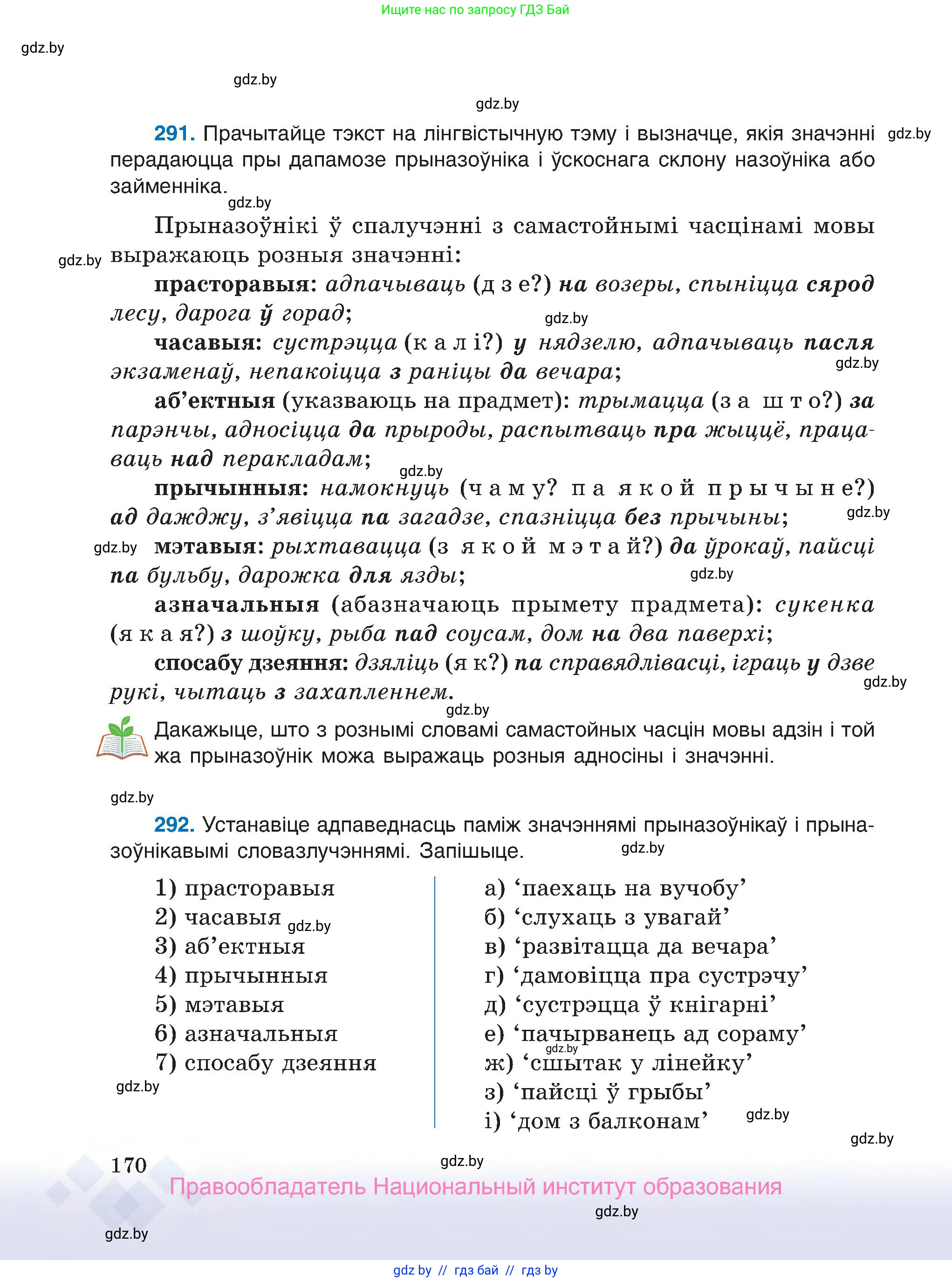 Белорусский язык (Беларуская мова), 7 класс Учебник, авторы: Валочка Ганна Міхайлаўна, Зелянко Вольга Уладзіміраўна, Язерская Святлана Анатольеўна, издательство Нацыянальны інстытут адукацыі, Минск, 2020, страница 170