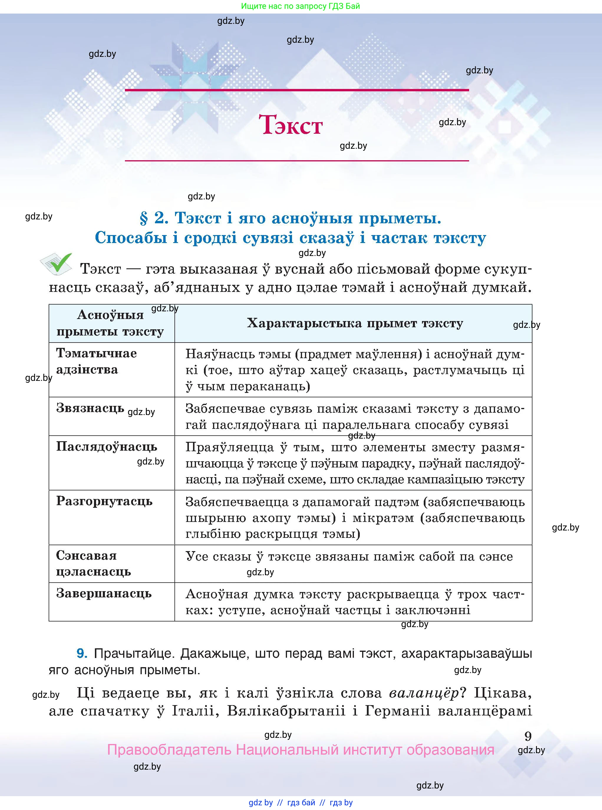Белорусский язык (Беларуская мова), 7 класс Учебник, авторы: Валочка Ганна Міхайлаўна, Зелянко Вольга Уладзіміраўна, Язерская Святлана Анатольеўна, издательство Нацыянальны інстытут адукацыі, Минск, 2020, страница 9