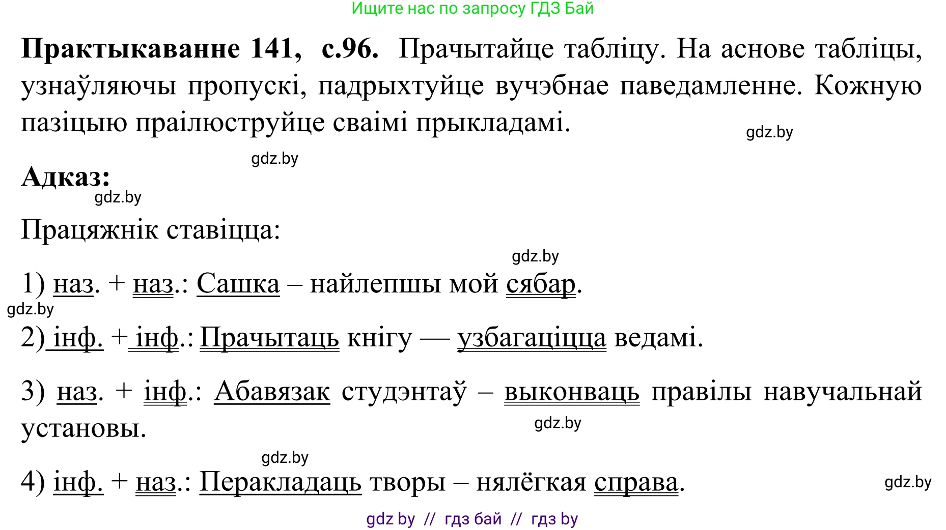 Белорусский язык (Беларуская мова), 8 класс Учебник, авторы: Бадзевіч Зінаіда Іванаўна, Саматыя Ірына Мікалаеўна, издательство Нацыянальны інстытут адукацыі, Минск, 2020, страница 96, номер 141, Решение