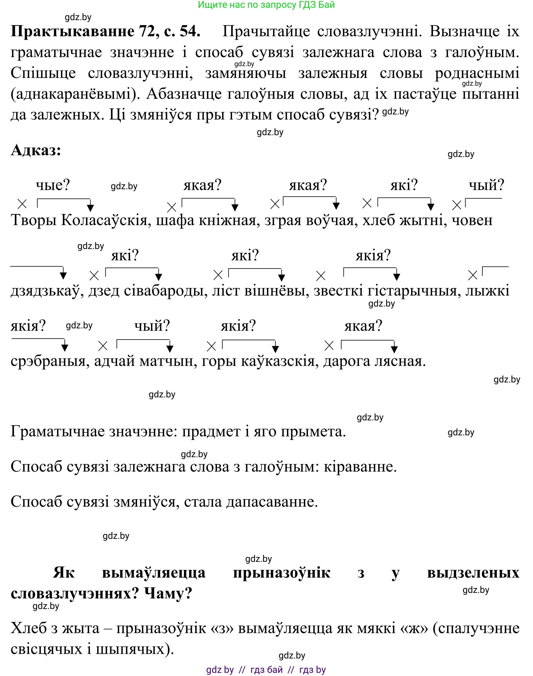 Белорусский язык (Беларуская мова), 8 класс Учебник, авторы: Бадзевіч Зінаіда Іванаўна, Саматыя Ірына Мікалаеўна, издательство Нацыянальны інстытут адукацыі, Минск, 2020, страница 54, номер 72, Решение