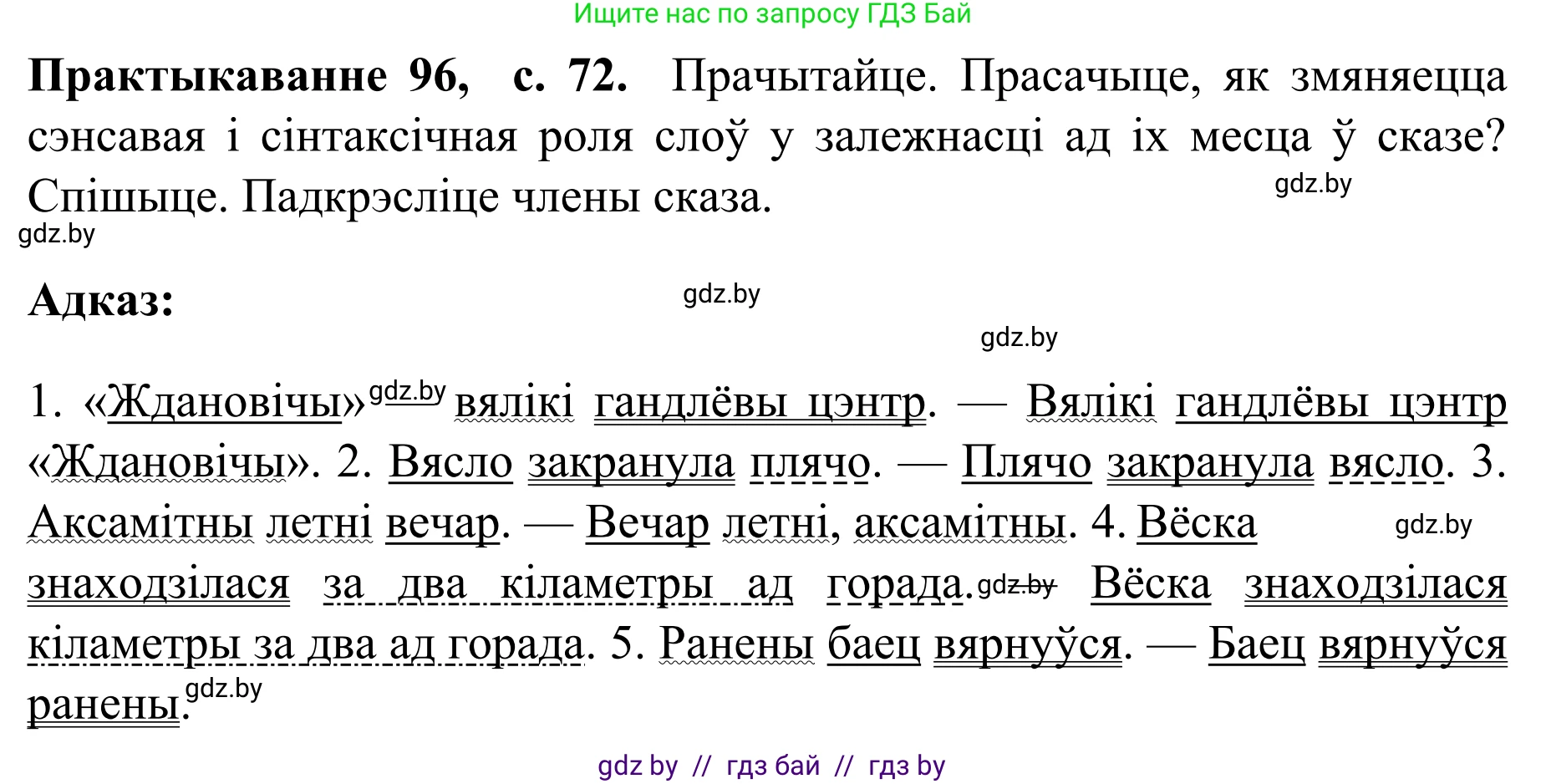 Белорусский язык (Беларуская мова), 8 класс Учебник, авторы: Бадзевіч Зінаіда Іванаўна, Саматыя Ірына Мікалаеўна, издательство Нацыянальны інстытут адукацыі, Минск, 2020, страница 72, номер 96, Решение