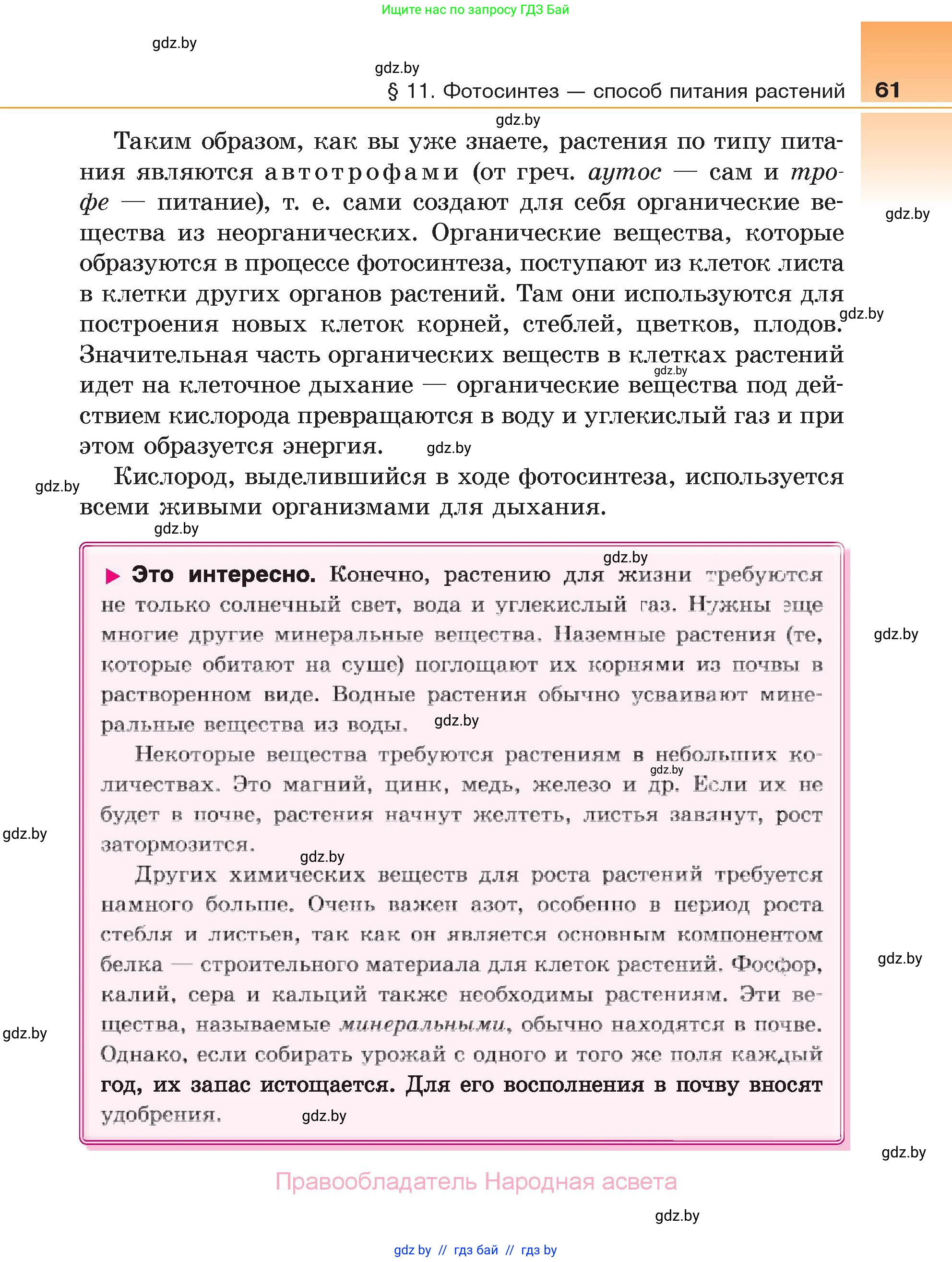 Биология, 6 класс Учебник, автор: Лисов Николай Дмитриевич, издательство Народная асвета, Минск, 2021, зелёного цвета, страница 61