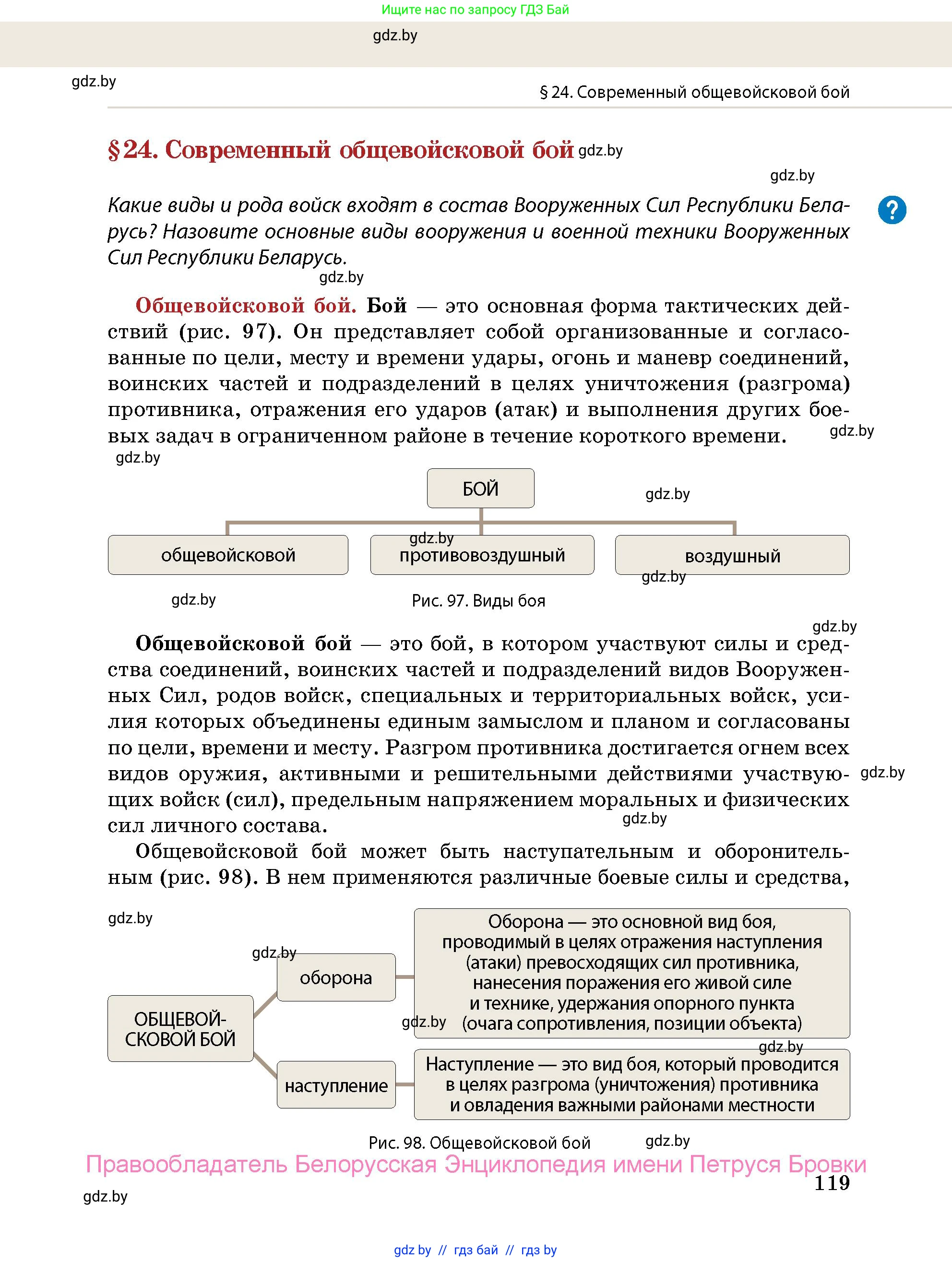 допризывная подготовка, 10-11 класс Учебник, авторы: Драгунов Вадим Валерьевич, Богдан Василий Генрихович, Городниченко Александр Николаевич, Дроговоз И Г, Кирпичев С Н, Мирончук С П, Павлющик А А, Ржеутский Л Я, Савчанчик С А, Стринкевич А Л, Хатешев Н С, Шелудков И Г, Шуканов С В, издательство Белорусская Энциклопедия имени Петруся Бровки, Минск, 2019, страница 119