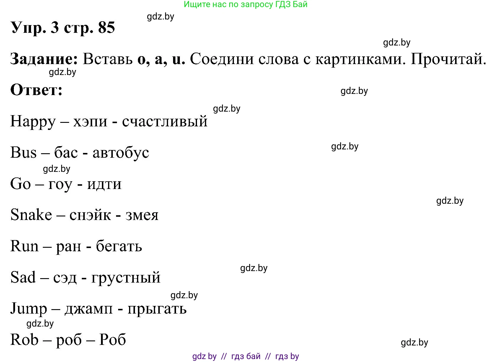 Английский язык (english), 3 класс практикум (activity book ), авторы: Лапицкая Людмила Михайловна (Lapitskaya Ludmila), Калишевич Алла Ивановна, Севрюкова Татьяна Юрьевна, Седунова Наталья Михайловна (Sedunova Natalia), издательство Аверсэв, Минск, 2023, зелёного цвета, Часть 1, страница 85, номер 3, Решение