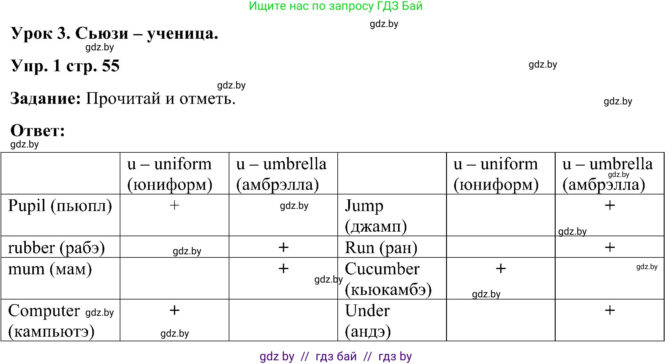 Английский язык (english), 3 класс практикум (activity book ), авторы: Лапицкая Людмила Михайловна (Lapitskaya Ludmila), Калишевич Алла Ивановна, Севрюкова Татьяна Юрьевна, Седунова Наталья Михайловна (Sedunova Natalia), издательство Аверсэв, Минск, 2023, зелёного цвета, Часть 2, страница 55, номер 1, Решение