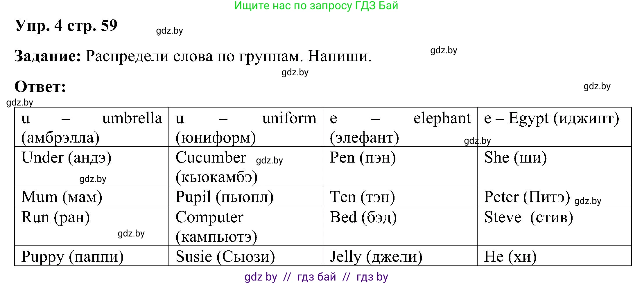 Английский язык (english), 3 класс практикум (activity book ), авторы: Лапицкая Людмила Михайловна (Lapitskaya Ludmila), Калишевич Алла Ивановна, Севрюкова Татьяна Юрьевна, Седунова Наталья Михайловна (Sedunova Natalia), издательство Аверсэв, Минск, 2023, зелёного цвета, Часть 2, страница 59, номер 4, Решение