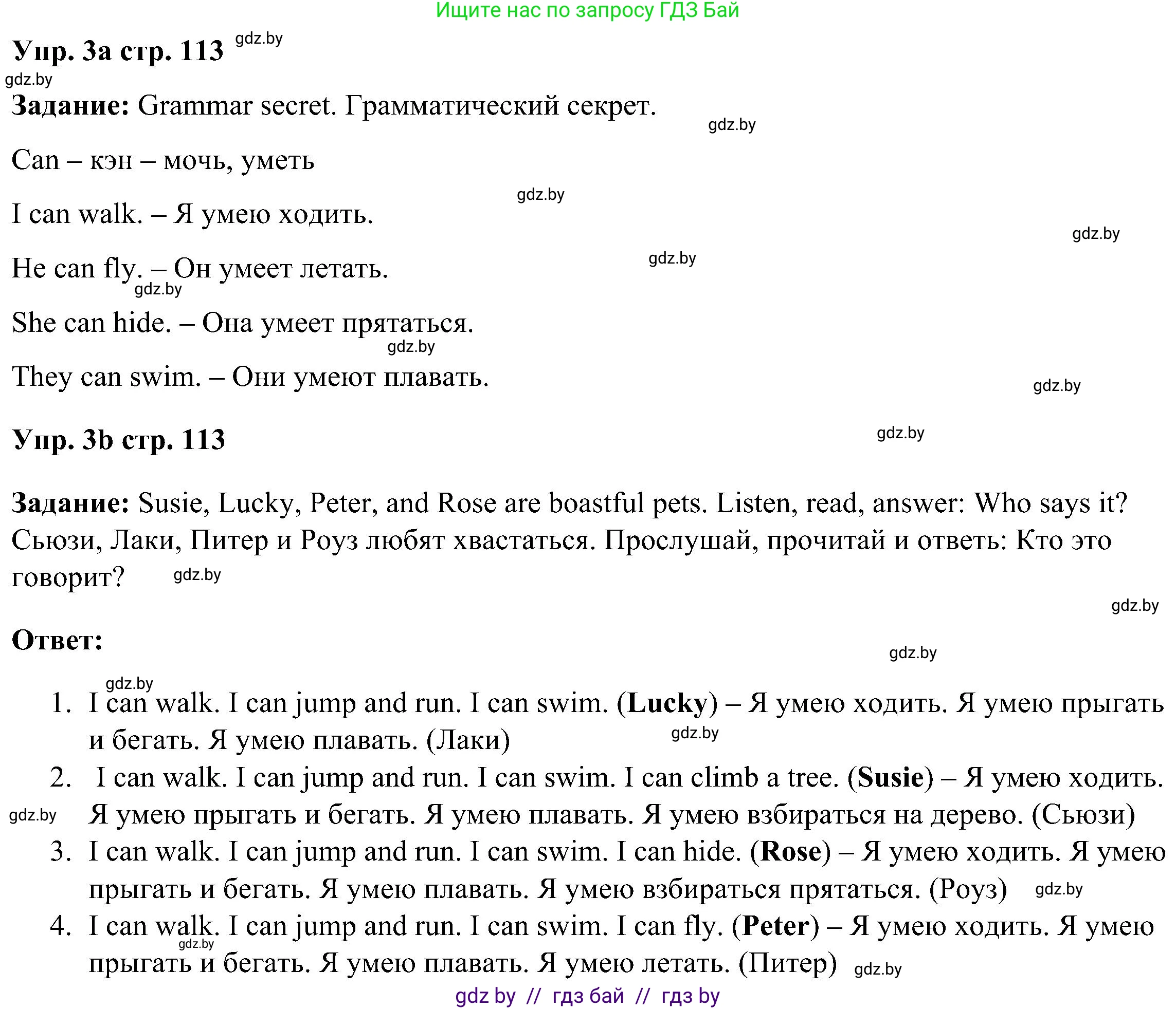 Английский язык (english), 3 класс Учебник, авторы: Лапицкая Людмила Михайловна (Lapitskaya Ludmila), Калишевич Алла Ивановна, Севрюкова Татьяна Юрьевна, Седунова Наталья Михайловна (Sedunova Natalia), издательство Вышэйшая школа, Минск, 2023, Часть 1, страница 113, номер 3, Решение