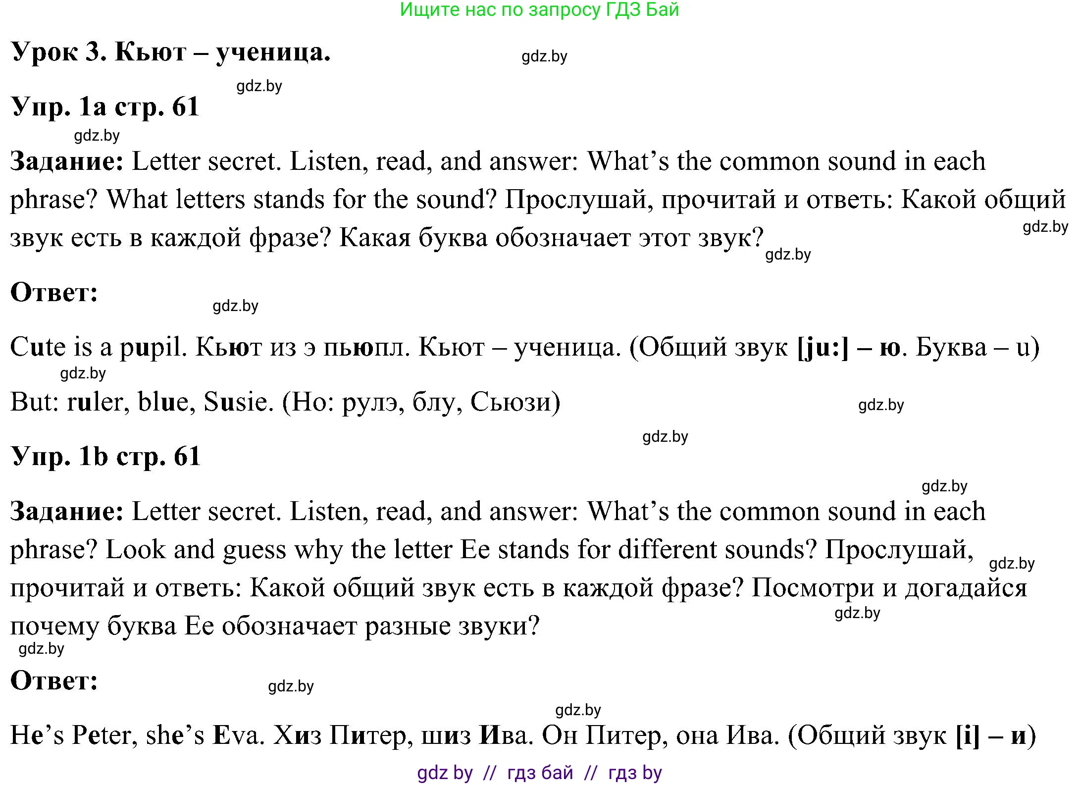 Английский язык (english), 3 класс Учебник, авторы: Лапицкая Людмила Михайловна (Lapitskaya Ludmila), Калишевич Алла Ивановна, Севрюкова Татьяна Юрьевна, Седунова Наталья Михайловна (Sedunova Natalia), издательство Вышэйшая школа, Минск, 2023, Часть 2, страница 61, номер 1, Решение