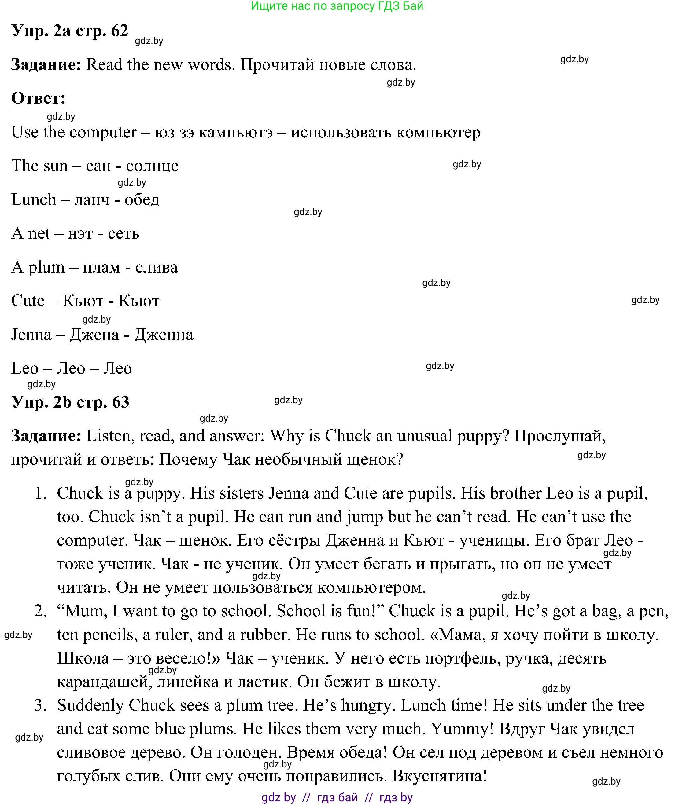 Английский язык (english), 3 класс Учебник, авторы: Лапицкая Людмила Михайловна (Lapitskaya Ludmila), Калишевич Алла Ивановна, Севрюкова Татьяна Юрьевна, Седунова Наталья Михайловна (Sedunova Natalia), издательство Вышэйшая школа, Минск, 2023, Часть 2, страница 62, номер 2, Решение