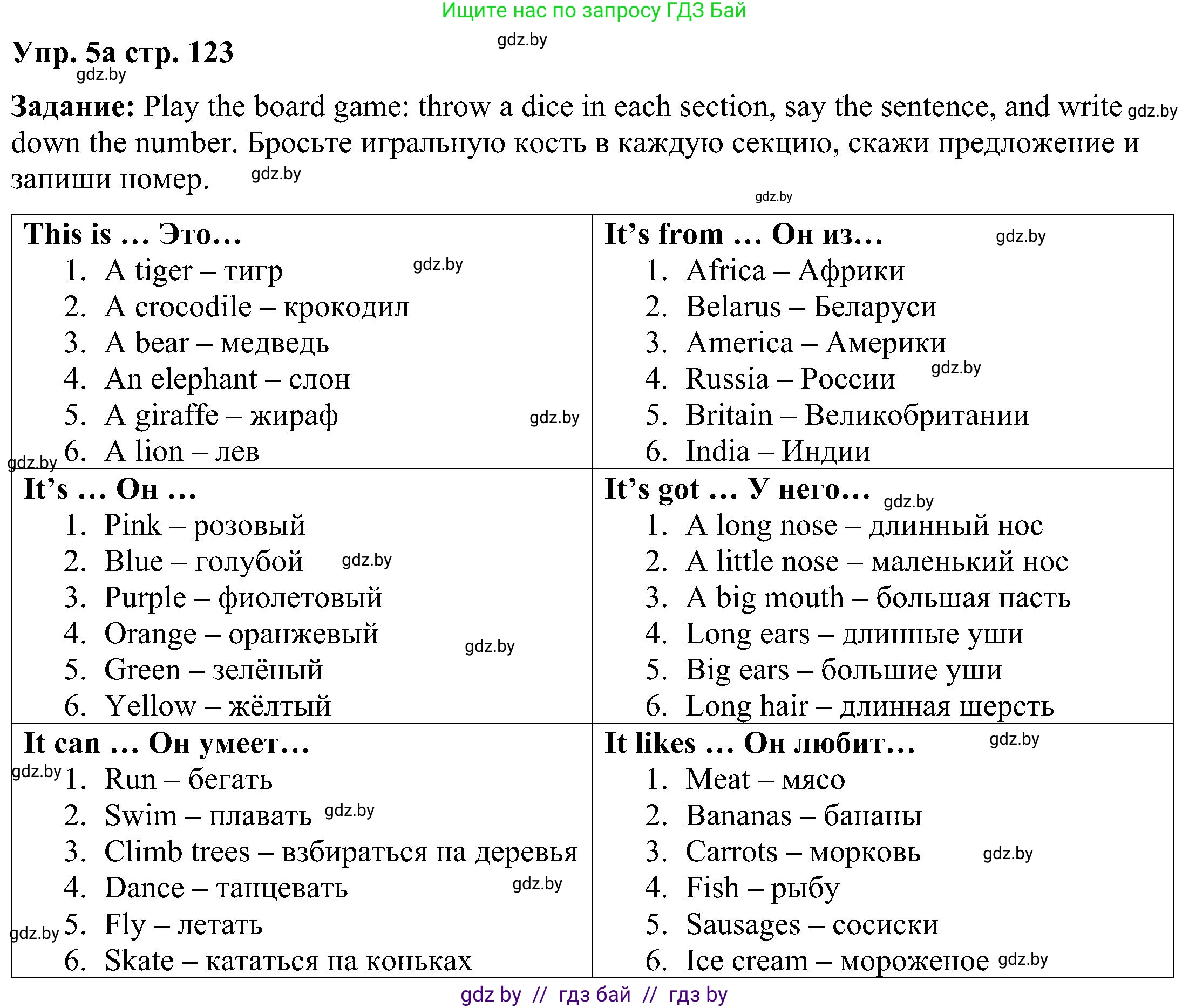 Английский язык (english), 3 класс Учебник, авторы: Лапицкая Людмила Михайловна (Lapitskaya Ludmila), Калишевич Алла Ивановна, Севрюкова Татьяна Юрьевна, Седунова Наталья Михайловна (Sedunova Natalia), издательство Вышэйшая школа, Минск, 2023, Часть 2, страница 123, номер 5, Решение