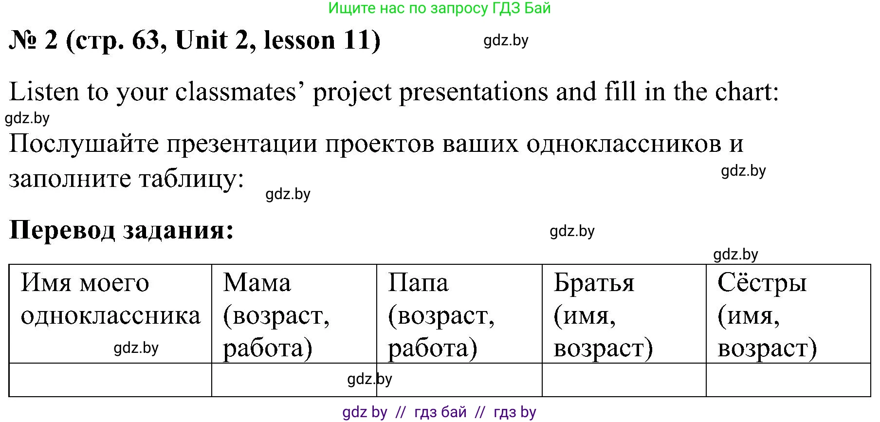 Английский язык (english), 4 класс Учебник (Student's book), авторы: Лапицкая Людмила Михайловна (Lapitskaya Ludmila), Седунова Наталья Михайловна (Sedunova Natalia), издательство Адукацыя i выхаванне, Минск, 2024, бирюзового цвета, Часть ( Part) 1, страница 63, номер 2, Решение 2