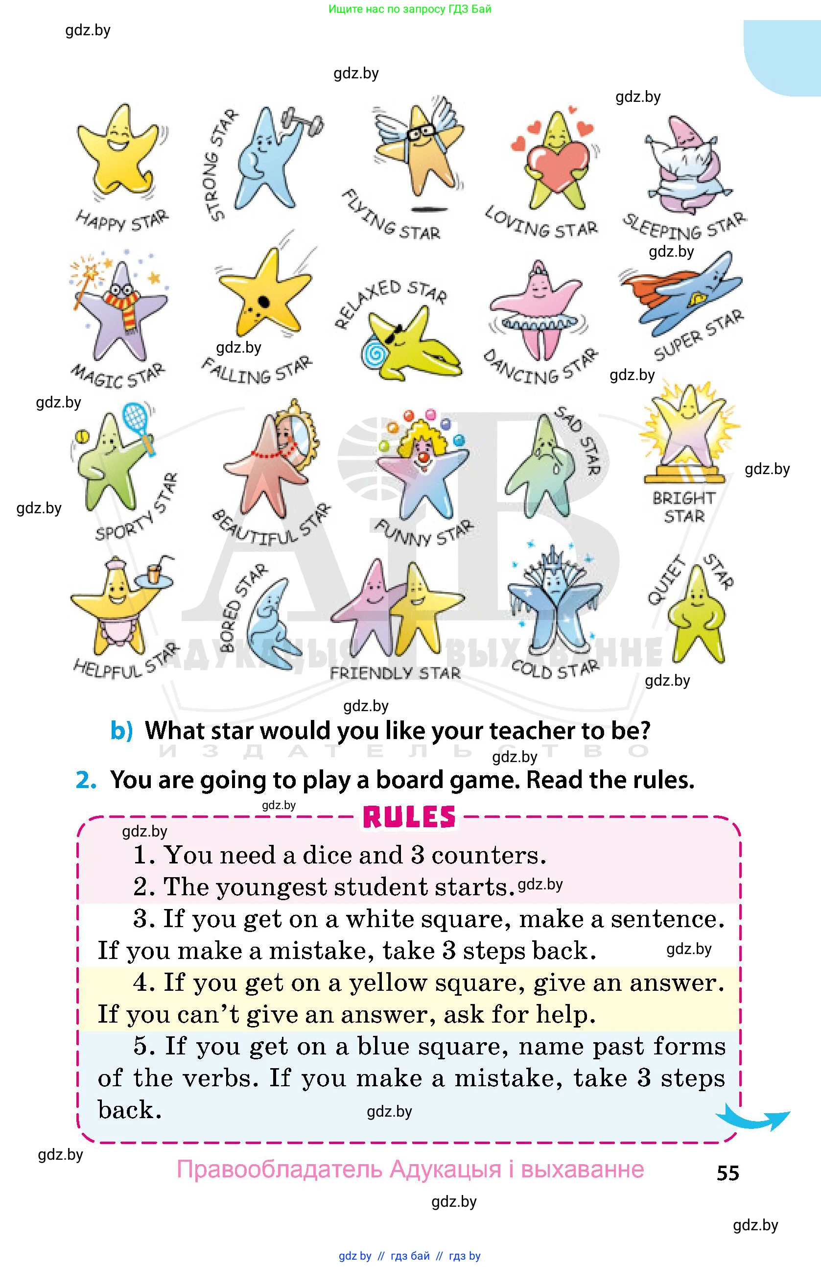 Английский язык (english), 5 класс Учебник, авторы: Демченко Наталья Валентиновна, Севрюкова Татьяна Юрьевна, Наумова Елена Георгиевна, Юхнель Наталья Валентиновна, Лапицкая Людмила Михайловна (Lapitskaya Ludmila), издательство Адукацыя i выхаванне, Минск, 2017, Часть ( Part) 1, страница 55