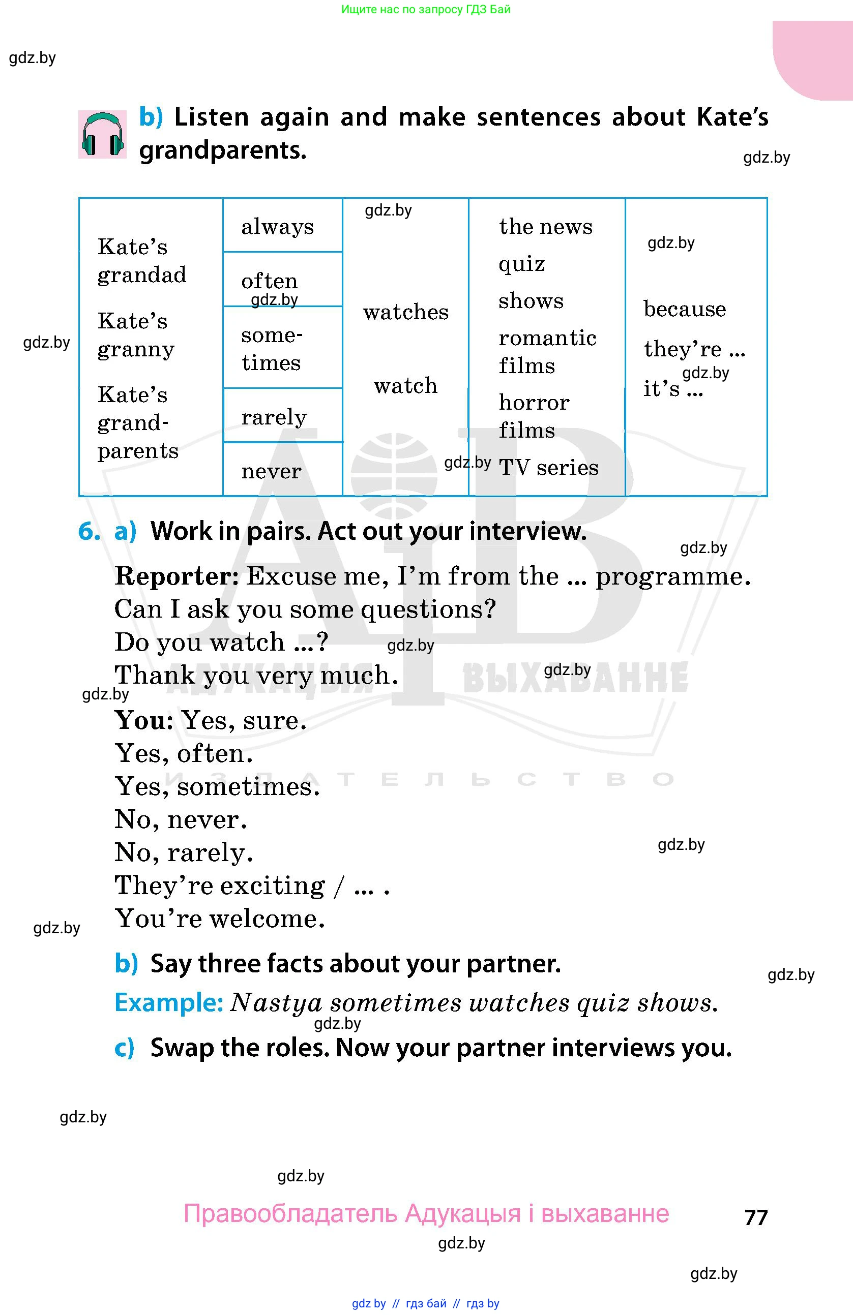 Английский язык (english), 5 класс Учебник, авторы: Демченко Наталья Валентиновна, Севрюкова Татьяна Юрьевна, Наумова Елена Георгиевна, Юхнель Наталья Валентиновна, Лапицкая Людмила Михайловна (Lapitskaya Ludmila), издательство Адукацыя i выхаванне, Минск, 2017, Часть ( Part) 1, страница 77
