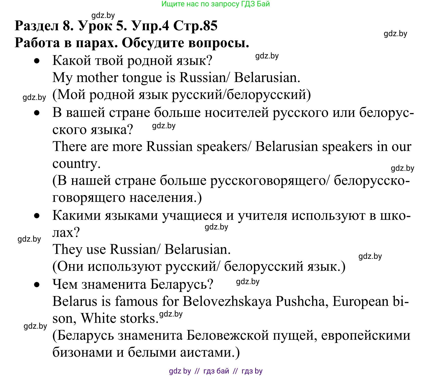 Английский язык (english), 5 класс Учебник, авторы: Демченко Наталья Валентиновна, Севрюкова Татьяна Юрьевна, Наумова Елена Георгиевна, Юхнель Наталья Валентиновна, Лапицкая Людмила Михайловна (Lapitskaya Ludmila), издательство Адукацыя i выхаванне, Минск, 2017, Часть ( Part) 2, страница 85, номер 4, Решение 2