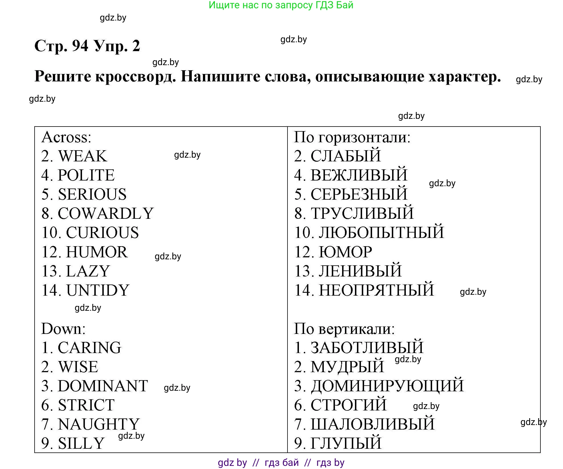 Английский язык (english), 6 класс Рабочая тетрадь (workbook), авторы: Демченко Наталья Валентиновна, Севрюкова Татьяна Юрьевна, Юхнель Наталья Валентиновна, Наумова Елена Георгиевна, Рыбалко О Н, Манешина А В, Маслёнченко Н А, Бушуева Эдите Владиславовна, издательство Аверсэв, Минск, 2020, зелёного цвета, Часть ( Part) 2, страница 94, номер 2, Решение