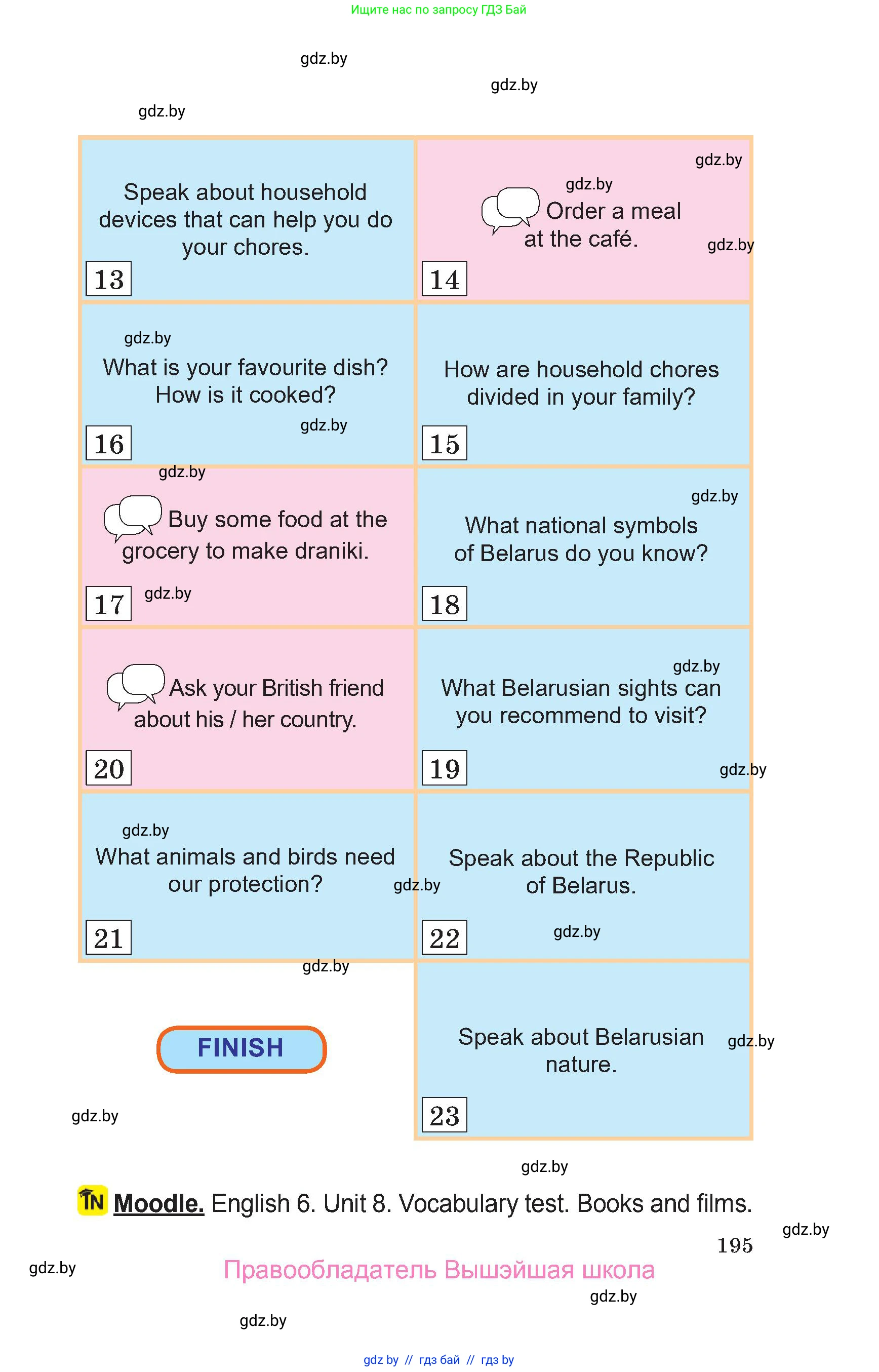 Английский язык (english), 6 класс Учебник, авторы: Демченко Наталья Валентиновна, Севрюкова Татьяна Юрьевна, Юхнель Наталья Валентиновна, Наумова Елена Георгиевна, Рыбалко О Н, Манешина А В, Маслёнченко Н А, издательство Вышэйшая школа, Минск, 2018, красного цвета, страница 195