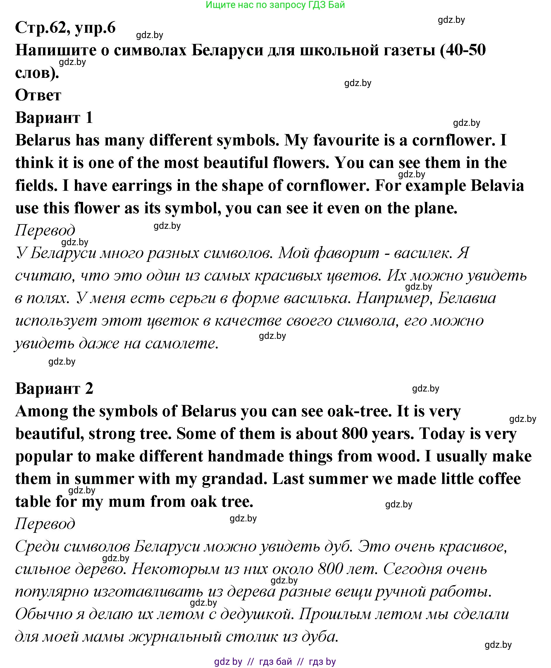 Английский язык (english), 6 класс Учебник, авторы: Юхнель Наталья Валентиновна, Наумова Елена Георгиевна, Малиновская Елена Александровна, издательство Адукацыя i выхаванне, Минск, 2021, страница 62, номер 6, Решение