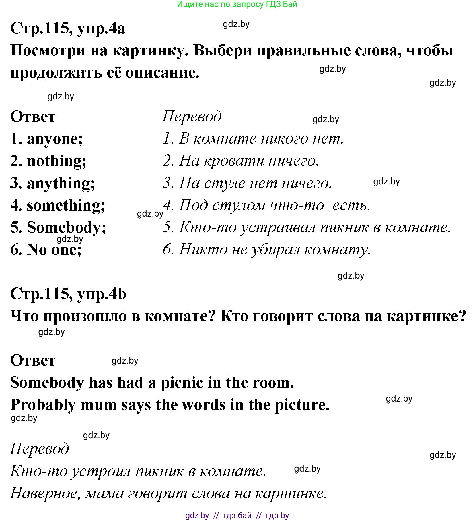 Английский язык (english), 6 класс Учебник, авторы: Юхнель Наталья Валентиновна, Наумова Елена Георгиевна, Малиновская Елена Александровна, издательство Адукацыя i выхаванне, Минск, 2021, страница 115, номер 4, Решение