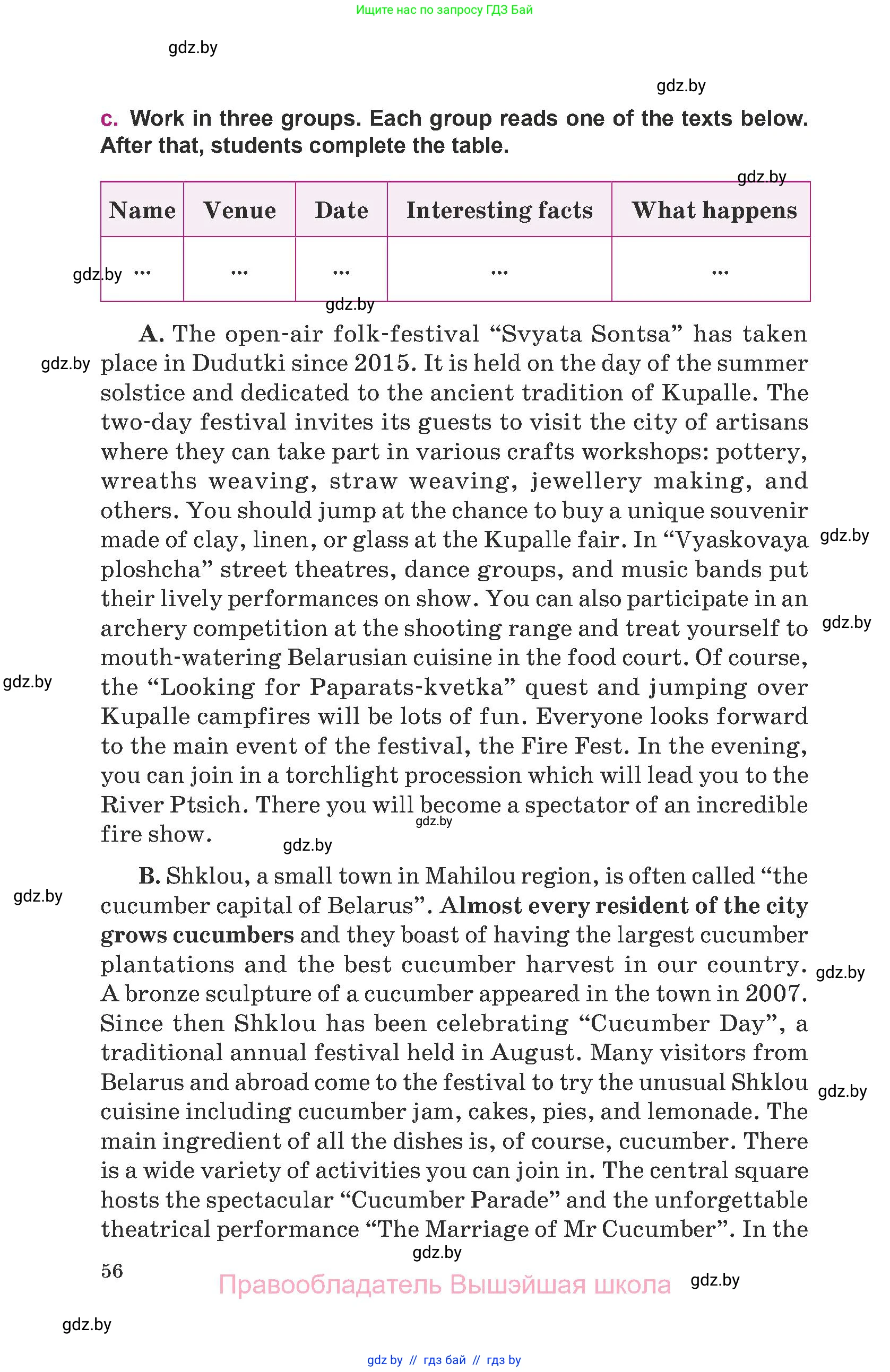 Английский язык (english), 8 класс Учебник, авторы: Демченко Наталья Валентиновна, Севрюкова Татьяна Юрьевна, Наумова Елена Георгиевна, Рыбалко О Н, Манешина А В, Маслёнченко Н А, Бушуева Эдите Владиславовна, издательство Вышэйшая школа, Минск, 2020, розового цвета, Часть ( Part) 1, страница 56
