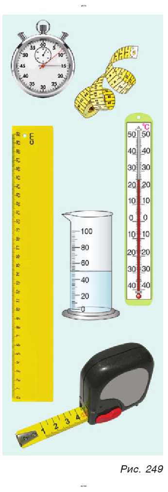 Рис. 249. Оборудование: линейка, рулетка, мерная лента, мензурка, термометр бытовой, секундомер