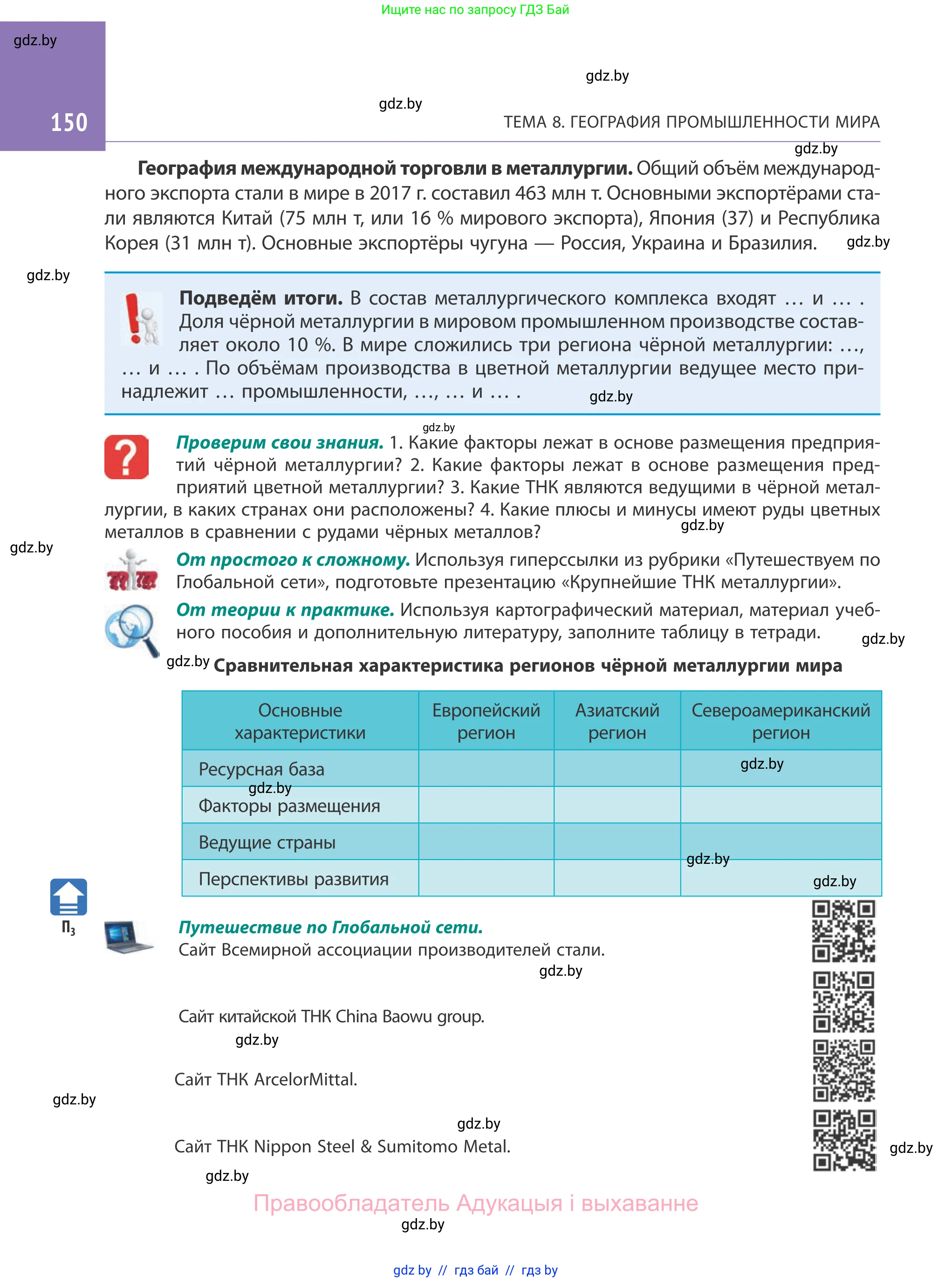 География, 10 класс Учебник, авторы: Антипова Екатерина Анатольевна, Гузова Ольга Николаевна, издательство Адукацыя i выхаванне, Минск, 2019, страница 150
