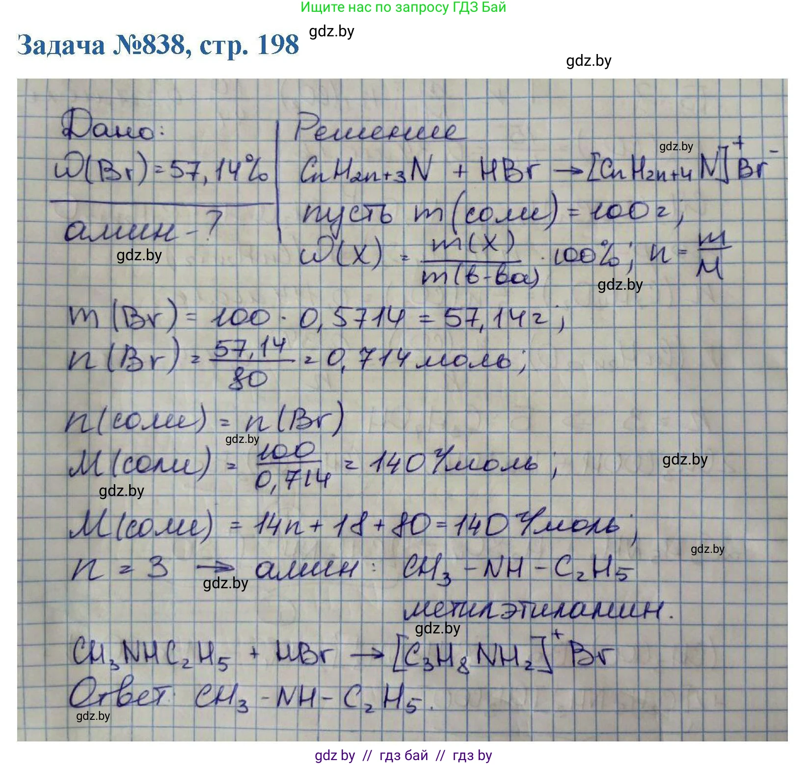 Химия, 10 класс Сборник задач, авторы: Матулис Вадим Эдвардович, Матулис Виталий Эдвардович, Колевич Татьяна Александровна, издательство Национальный институт образования, Минск, 2021, страница 198, номер 838, Решение