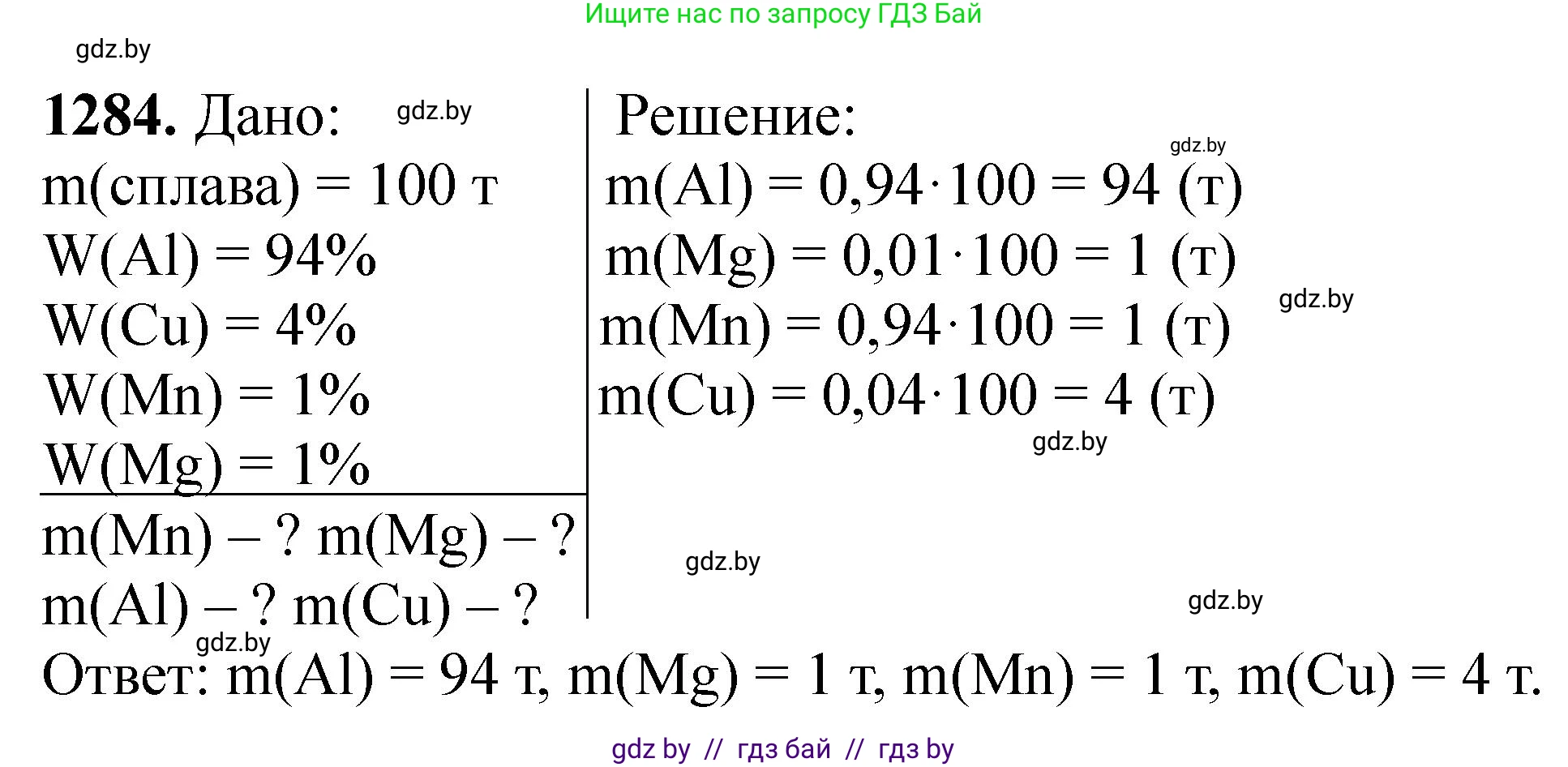 Химия, 11 класс Сборник задач, авторы: Хвалюк Виктор Николаевич, Резяпкин Виктор Ильич, издательство Адукацыя i выхаванне, Минск, 2023, зелёного цвета, страница 196, номер 1284, Решение