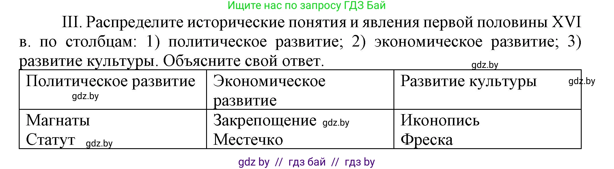 История Беларуси (Гісторыя Беларусі), 7 класс Учебник, авторы: Воронин Василий Алексеевич, Скепьян Анастасия Анатольевна, Мацук Андрей Владимирович, Кравченко Ольга Викторовна, издательство Издательский центр БГУ, Минск, 2017, страница 46, номер III, Решение