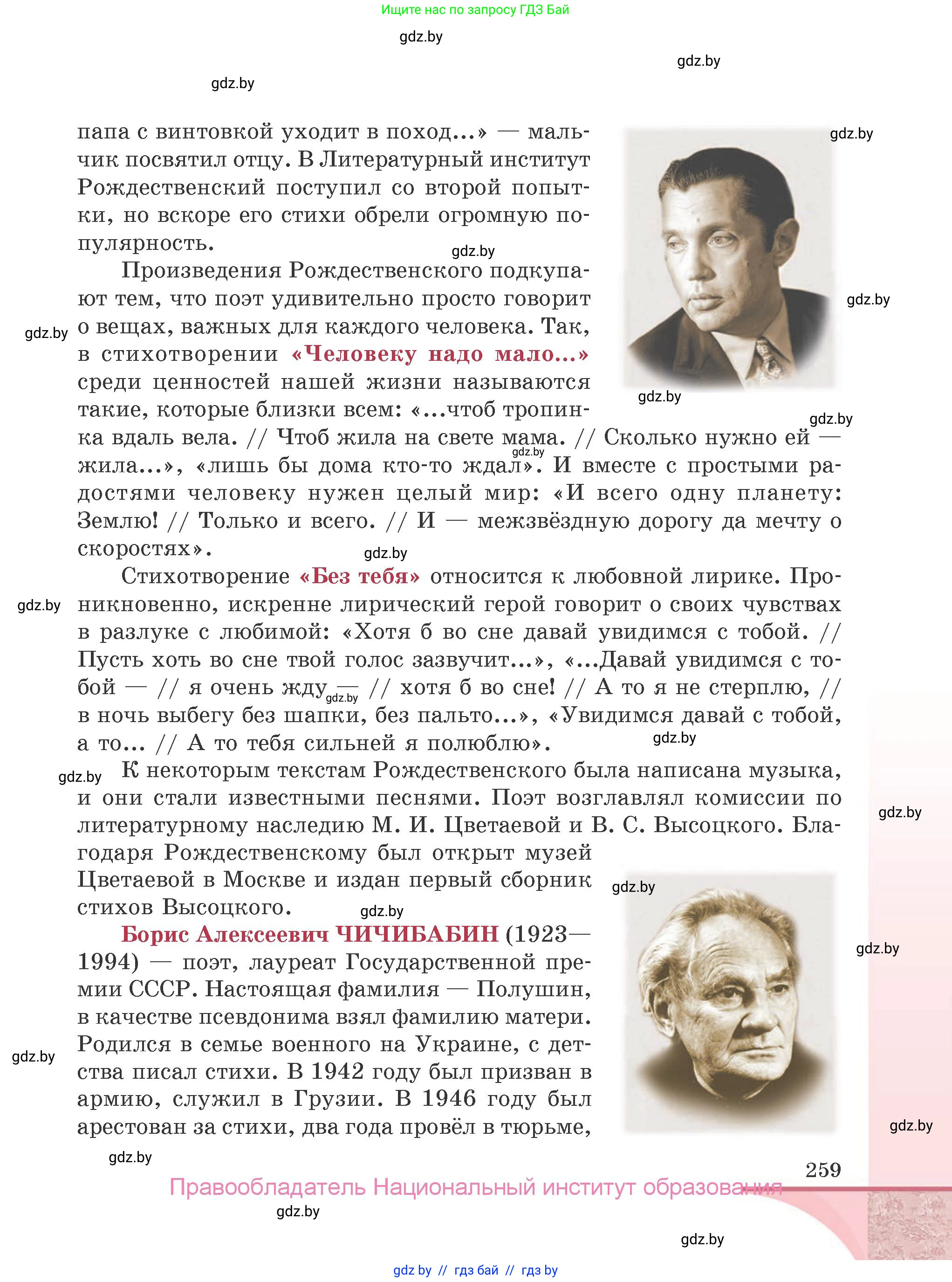 Русская литература, 9 класс Учебник, авторы: Захарова Светлана Николаевна, Черкес Наталья Ивановна, издательство Национальный институт образования, Минск, 2019, бежевого цвета, страница 259
