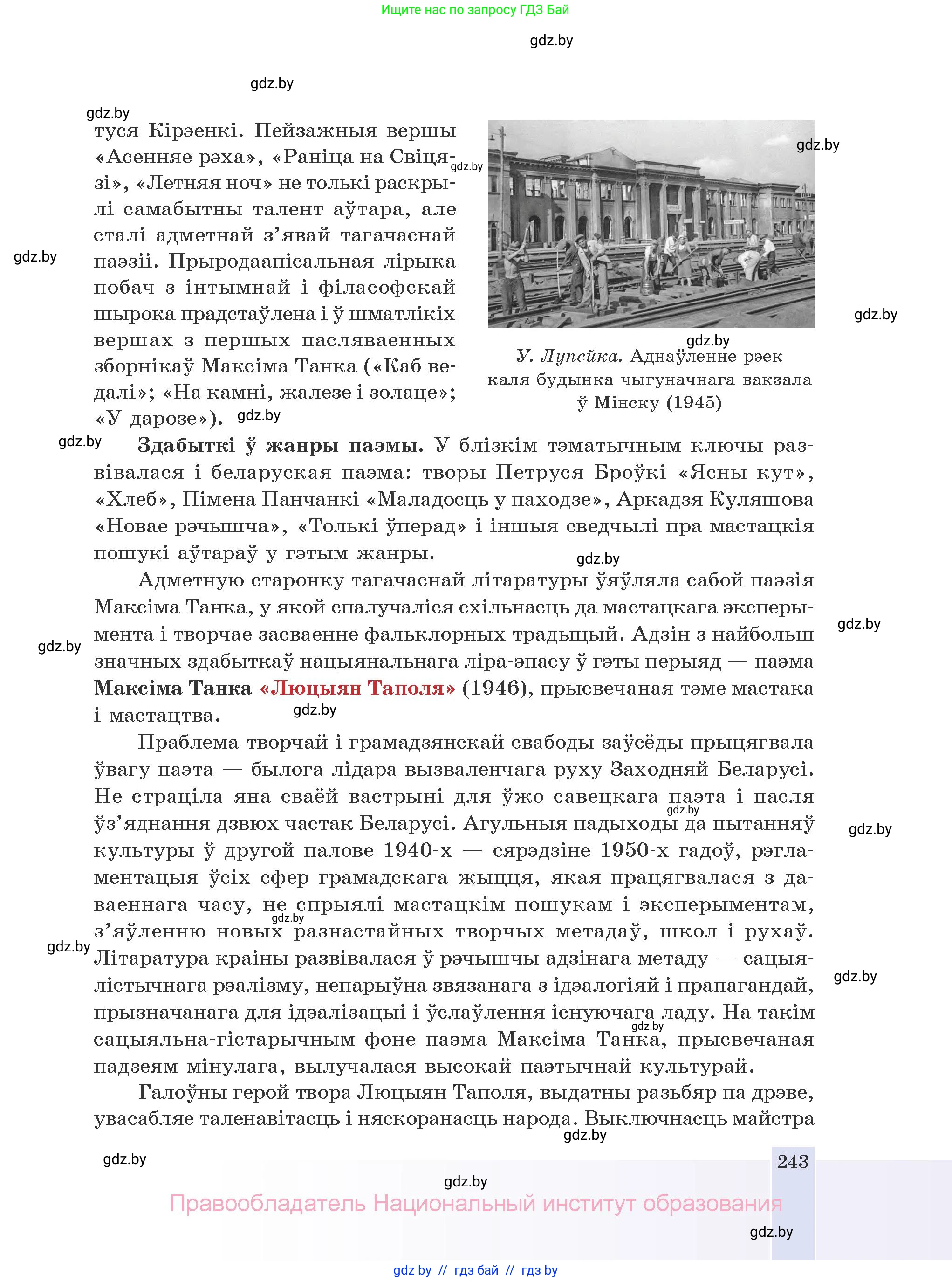 Белорусская литература (Беларуская літаратура), 10 класс Учебник, авторы: Бязлепкіна-Чарнякевіч Аксана Пятроўна, Акушэвіч Андрэй Аляксандравіч, Воюш Інга Дзмітрыеўна, Еўмянькоў В І, Заяц Н В, Караткевіч В І, Кузьміч Н В, Скакоўская А У, Часнок І Ч, издательство Нацыянальны інстытут адукацыі, Минск, 2020, зелёного цвета, страница 243